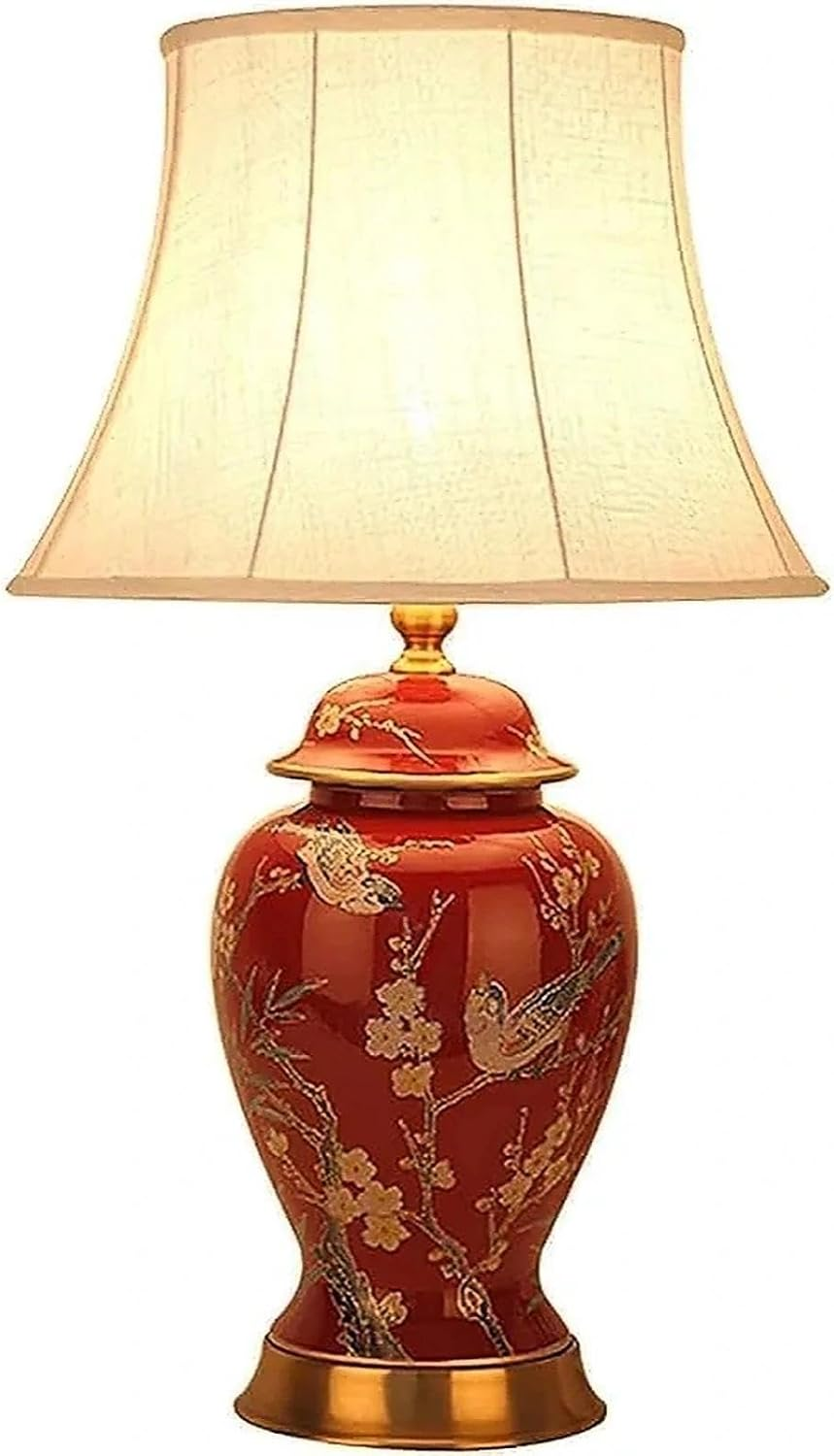 22" Vintage Ceramic Chinoiserie Table Lamp with Floral Birds Design, Classic Bedside Nightstand Lamp with Linen Shade for Bedroom, Living Room, Office