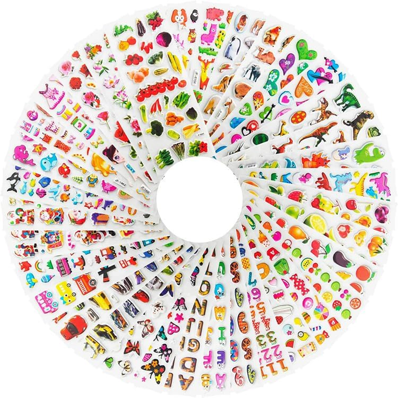 44 Sheets (1100+) Puff Stickers, Bulk Preschool Stickers for Rewards, Crafts, Scrapbooking Numbers and Letters Fish Vehicles Numbers Heart Fruit Dinosaur Butterfly Dessert Animals image number 2