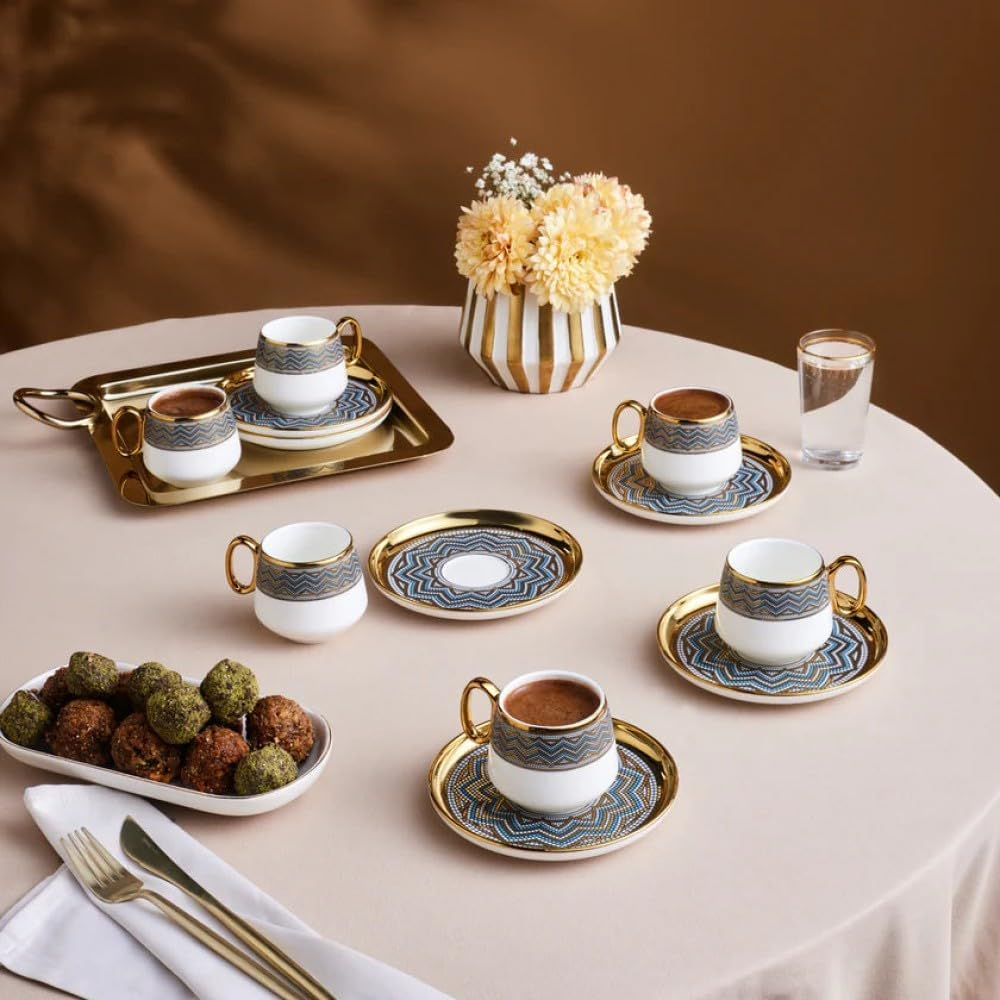KARACA Suadiye - Porcelain Espresso and Turkish Coffee Cup Set for 6, Espresso Cups and Saucers, 90 Ml Small Coffee Cups Set 12-Piece - Blue & Gold image number 2