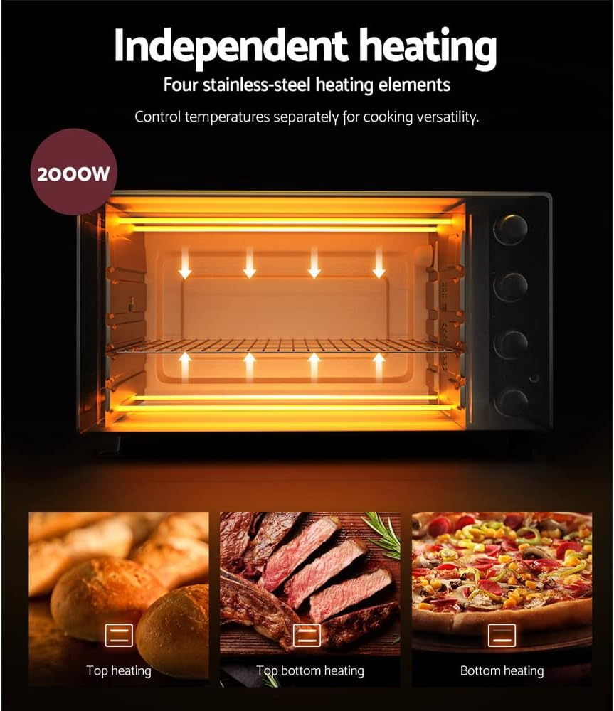 Devanti Convection Oven, 60L Electric Benchtop Ovens Baking Plate Cooking Portable Toaster Grill Home Kitchen Cooker Bakeware Machine, with 4 Tray Built-In Light Stainless Steel Black image number 5