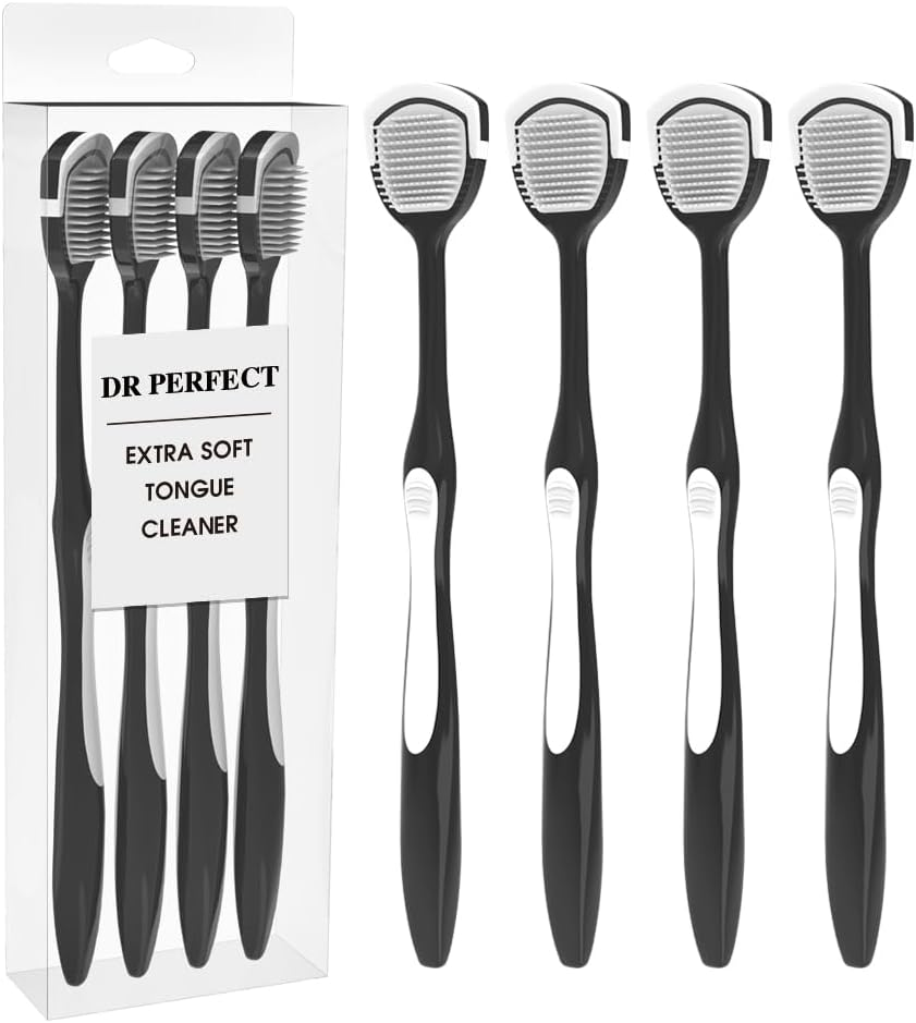 DR PERFECT Soft Tongue Brush Scraper Cleaner Helps Fight Bad Breath Clean Your Tongue without Hurt Pack of 4 (GREEN PURPLE BLUE PINK)