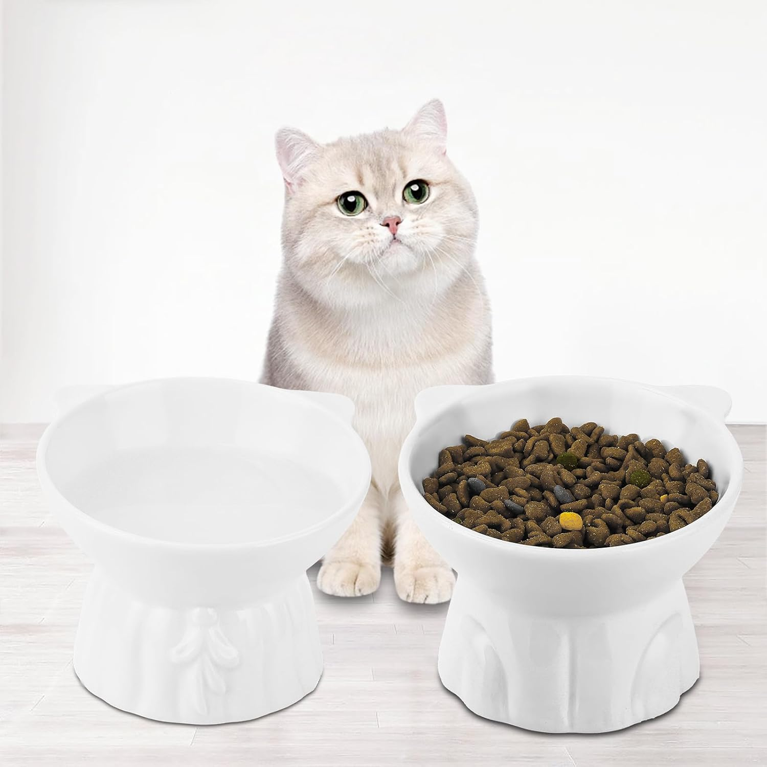 Ceramic Elevated Cat Bowls, 2Pc Extra Wide Raised Cat Bowls for Food and Water, Shallow Cat Food Dish Whisker Friendly, anti Vomit Cat Bowls Microwave and Dishwasher Safe, Great Height for Cat (White) image number 2