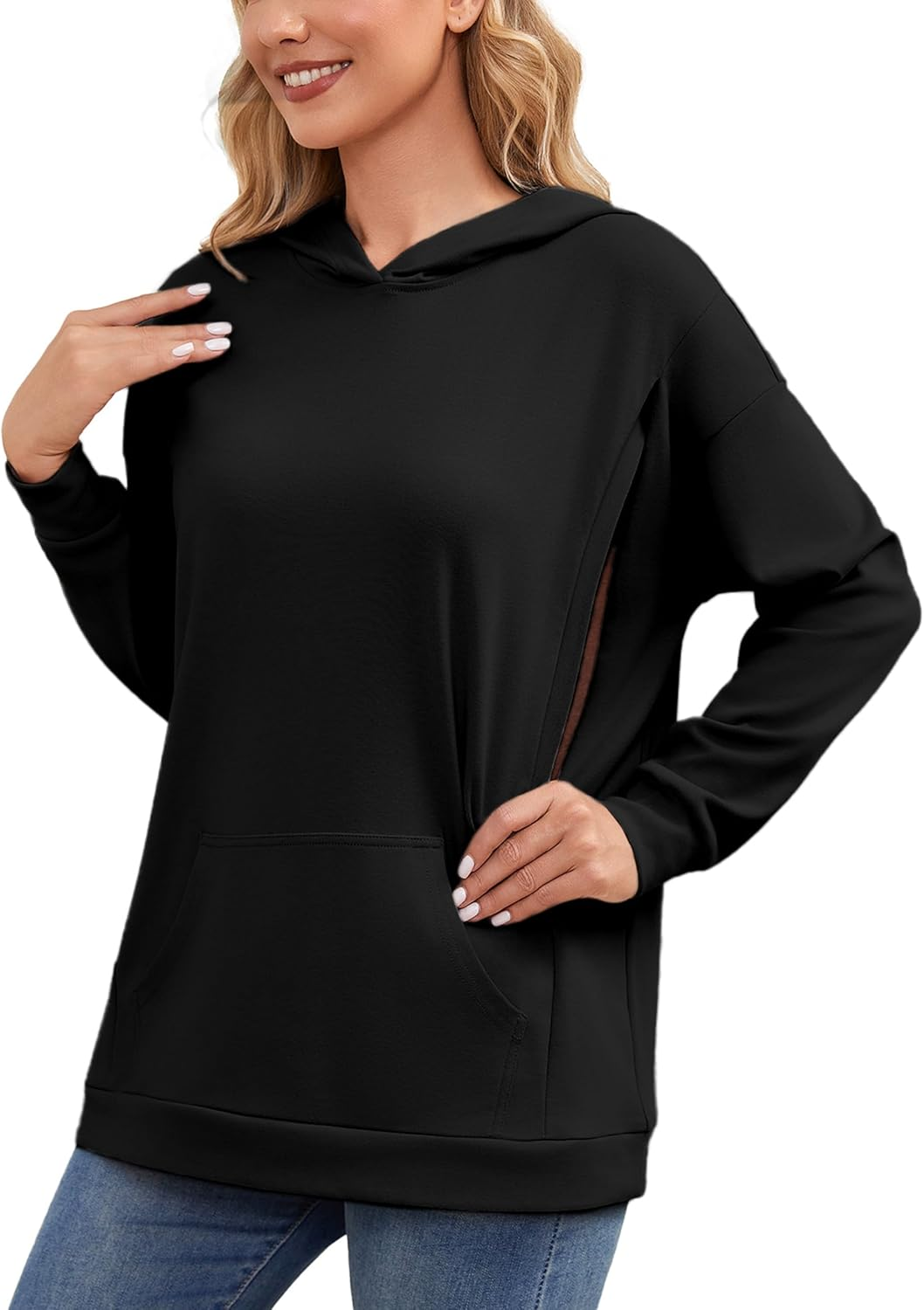 Ecavus Women'S Maternity Nursing Sweatshirt Hidden Zipper 2025 Long Sleeves Oversize Breastfeeding Pullover Tops with Pockets
