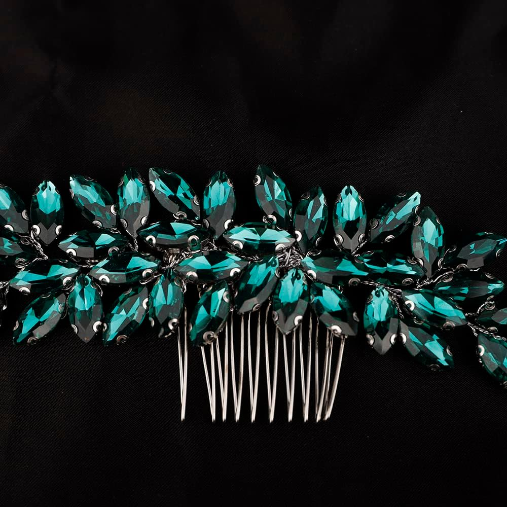 Teyglen Women'S Dainty Simple Rhinestone Hair Comb - Luxurious Shiny Bridal Side Hair Accessory for Weddings (Silver-Green) - Blue image number 7