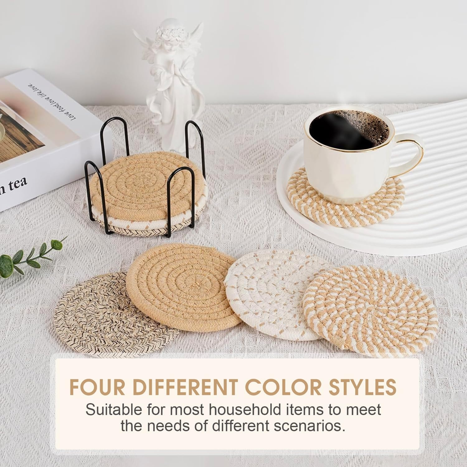 Chamgeco 8Pcs Drink Coasters with Metal Holder, Boho Cotton Woven Absorbent Coasters for Drinks, 4 Colors Minimalist Cup Coaster Set for Home Decor Coffee Table Protection Housewarming (Multi-Color 1) image number 4
