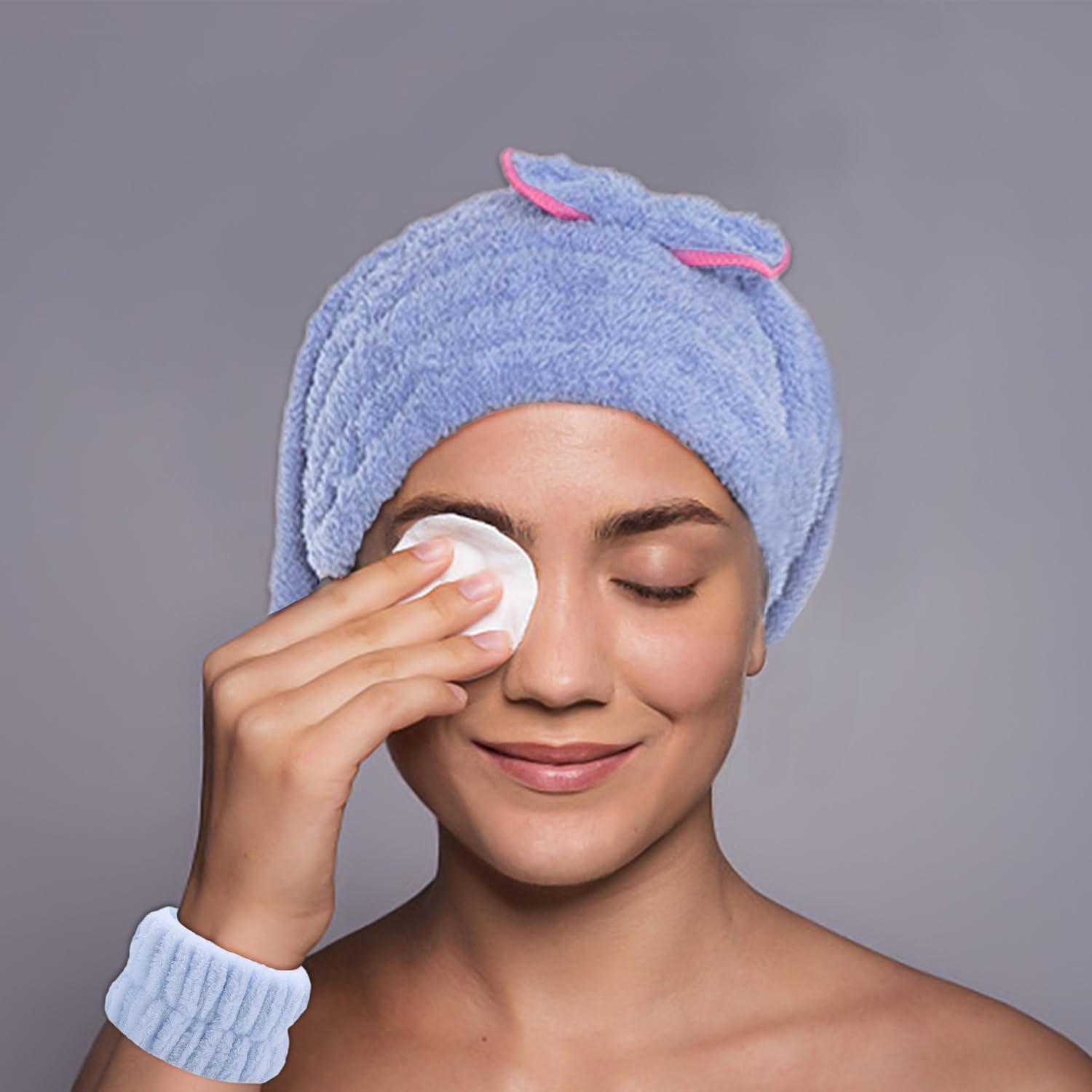 Pack of 2 Blue and Purple Dry Hair Caps and 4 Pieces Blue and Purple Wrist Bands, Fast Absorbing Dry Hair Caps, Practical Wrist Straps, Suitable for Showering. image number 1