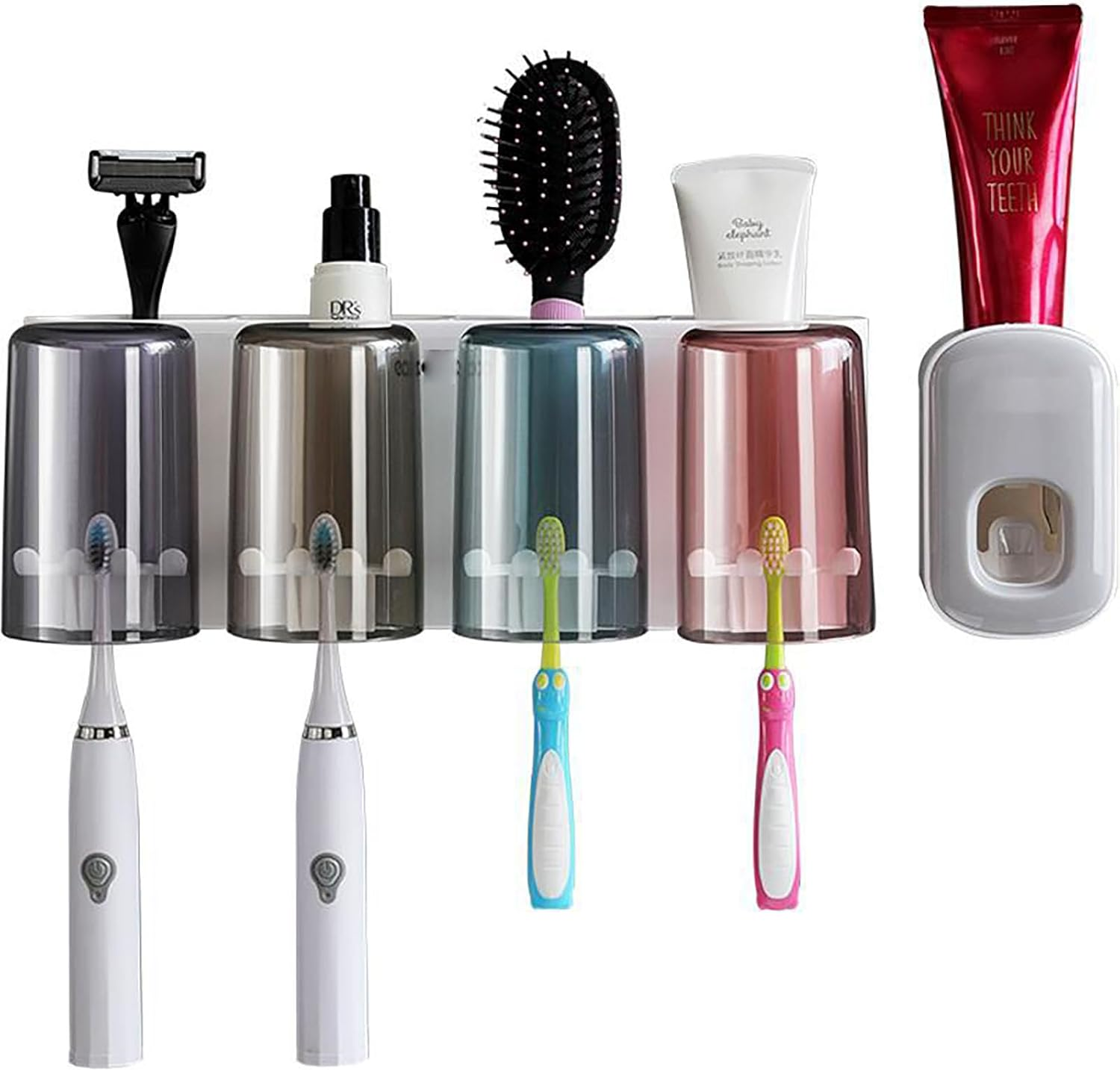 YAKESD Toothpaste Squeezer Tooth Brush Holder Set, Wall Mounted Toothpaste Dispenser with Anti-Dust Cover, 3-In-1 Bathroom Organizer and Storage Grids, Toothbrush Holder Set Included image number 2