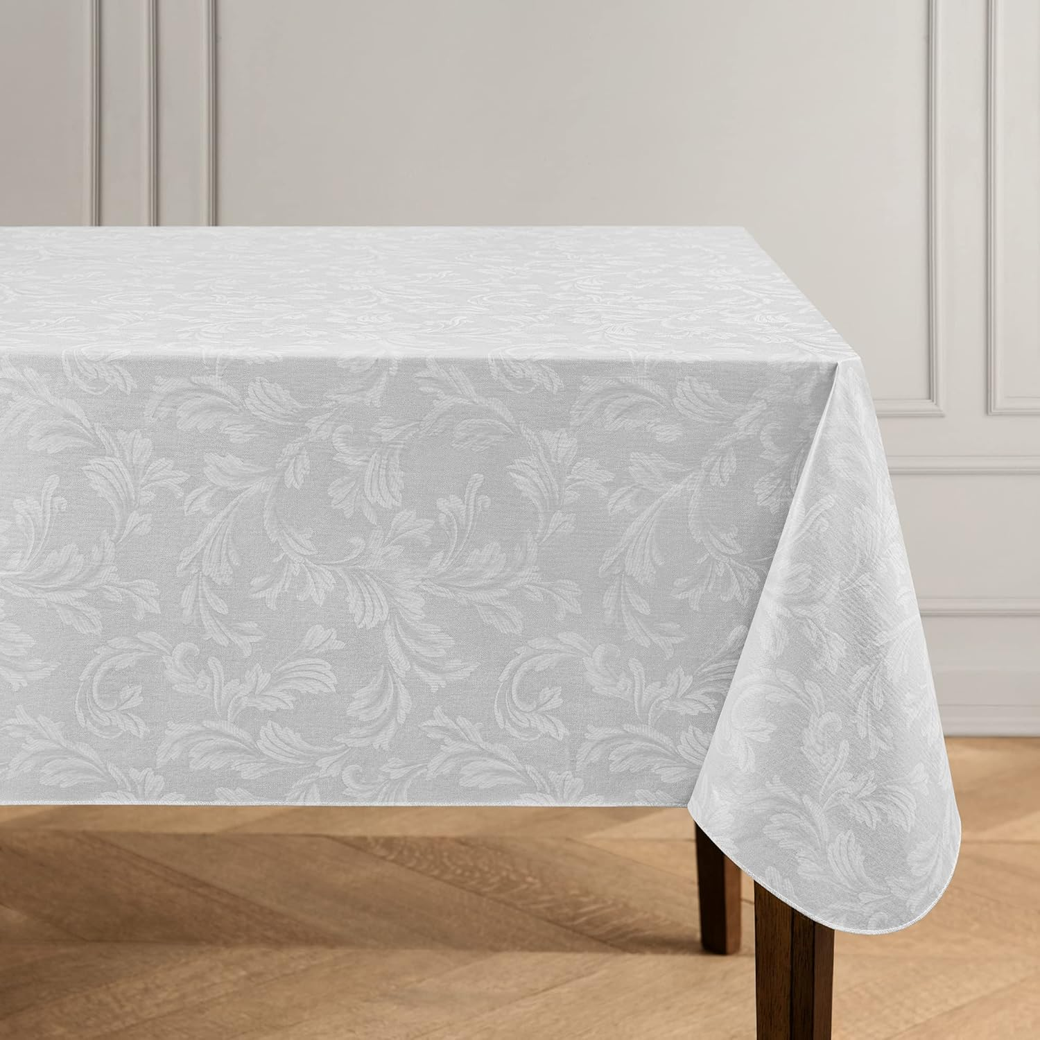 Elrene Home Fashions Camile Floral Damask-Scroll Water- and Stain-Resistant Vinyl Tablecloth with Flannel Backing, 52 Inches X 70 Inches, Rectangle, Gray/White image number 5