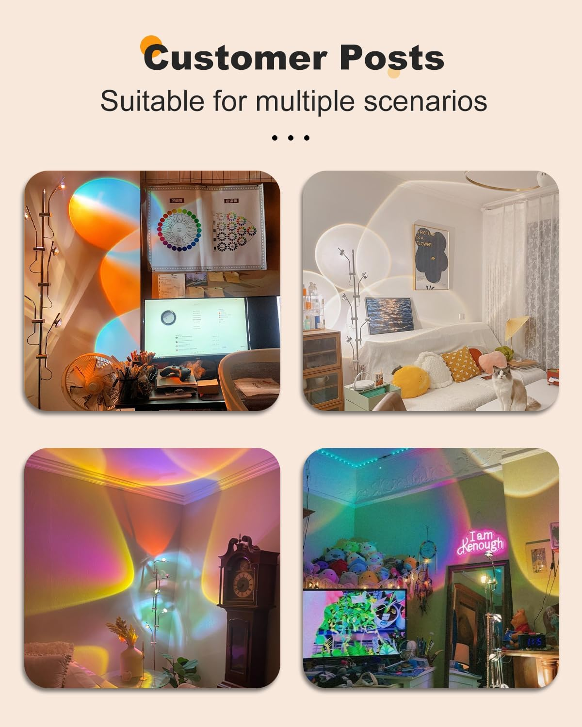 TACAHE RGBW Halo Projector Floor Lamp - 4000K LED with Replaceable Color Filters - Light and Shadow Mood Light - Multi-Head Ambient Decor Lighting for Bedroom, Living Room - 73" - 12W - Chrome image number 1