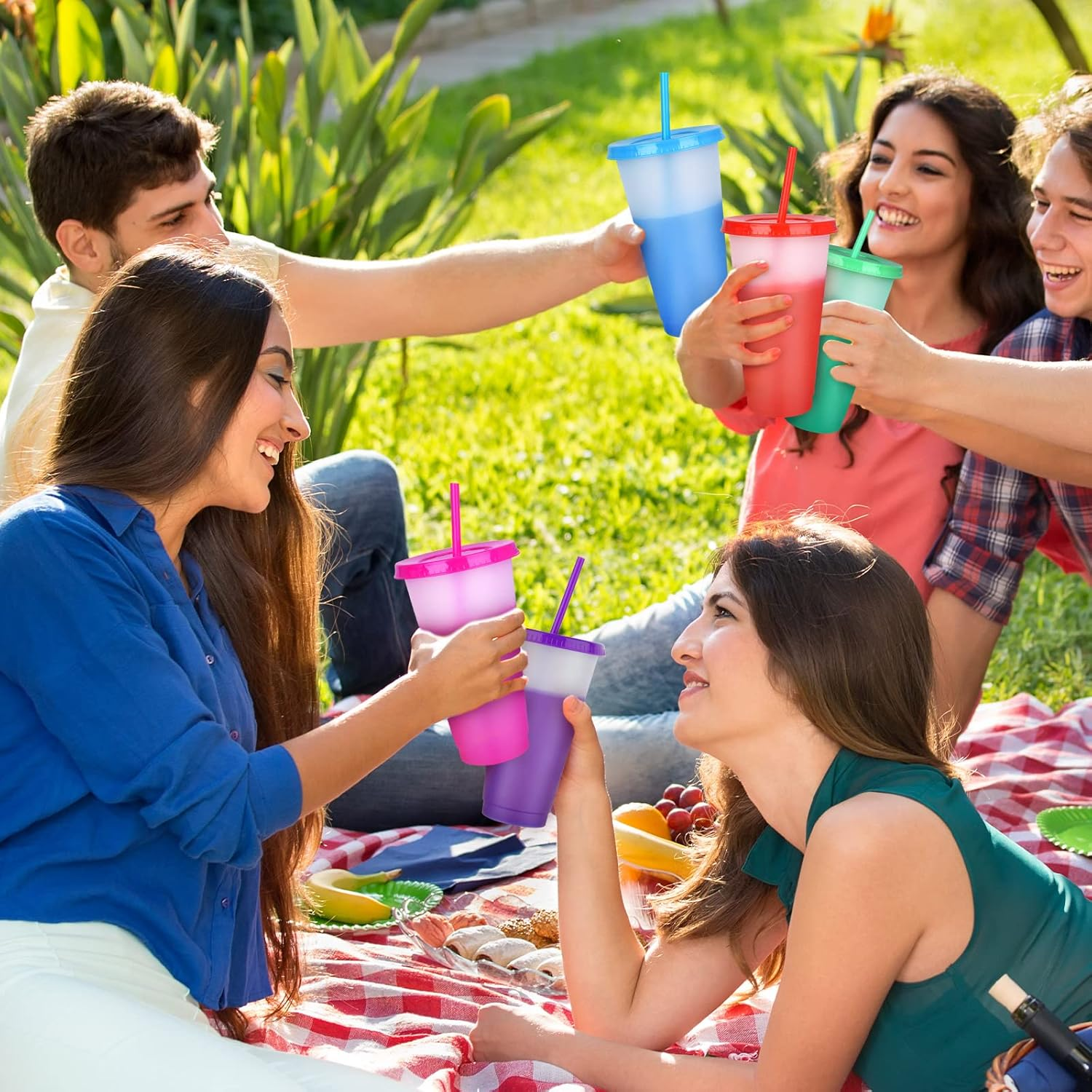 Color Changing Cups with Straws & Lids: 24Oz Cold Water Drinking Cups 5 Pack Reusable Plastic Tumbler Bulk Ice Cold Drinking Cup for Kids Partytravel Mug image number 1