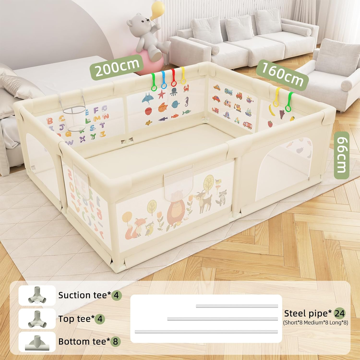 Baby Playpen 200 X 160 Cm, Extra-Large Non-Slip Playpens with Patterns, 50 Ocean Balls, 6 Pull Rings, Balls Storage Basket, Durable Zippered Door, Storage Bag for Outdoor Use (Beige)