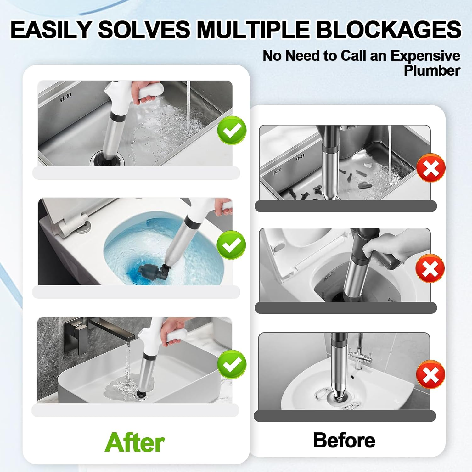 MEKOTRIN High Pressure Toilet Plunger Drain Clog Remover Sink Plunger Plumbing Tools for Bathroom Sink Floor Kitchen Clogged Stainless Steel (White) image number 2