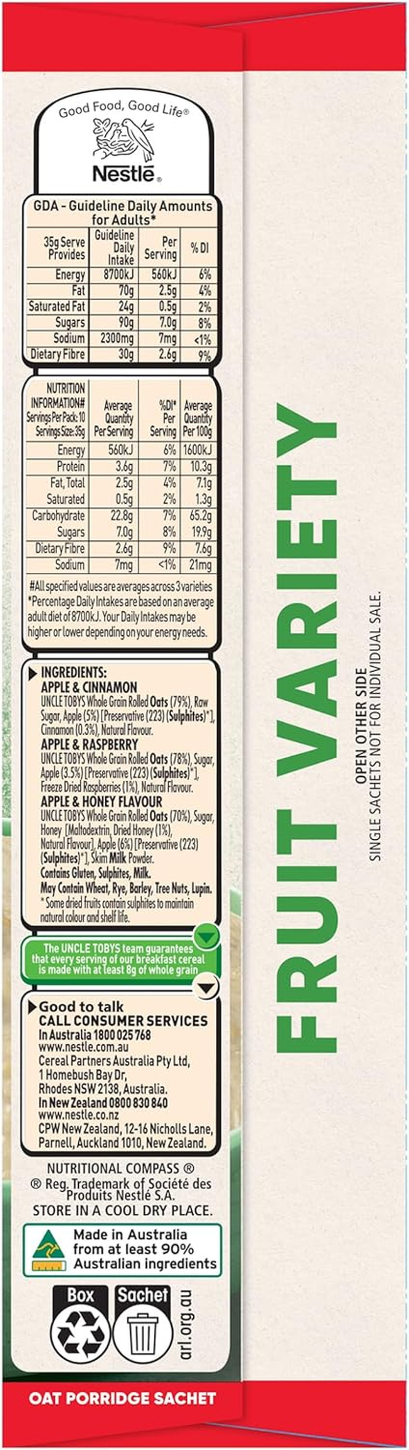 UNCLE TOBYS Oats Quick Sachets Fruit Variety Pack, 10 Sachets