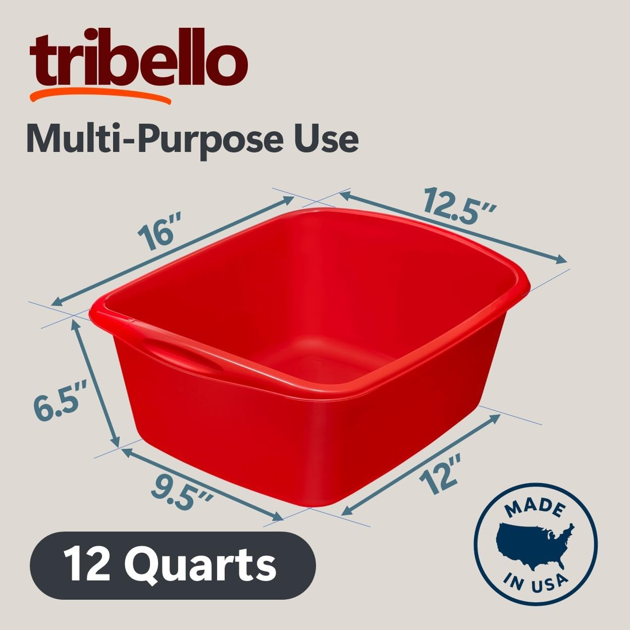 Tribello 2-Pack Dish Pans for Kitchen Sink, Plastic Tub Dishpan Wash Basin and Foot Bath for Soaking Feet, Wash Bucket for Washing and Storage Cleaning Supplies - 12 Quarts - Heavy Duty - (Red) image number 3