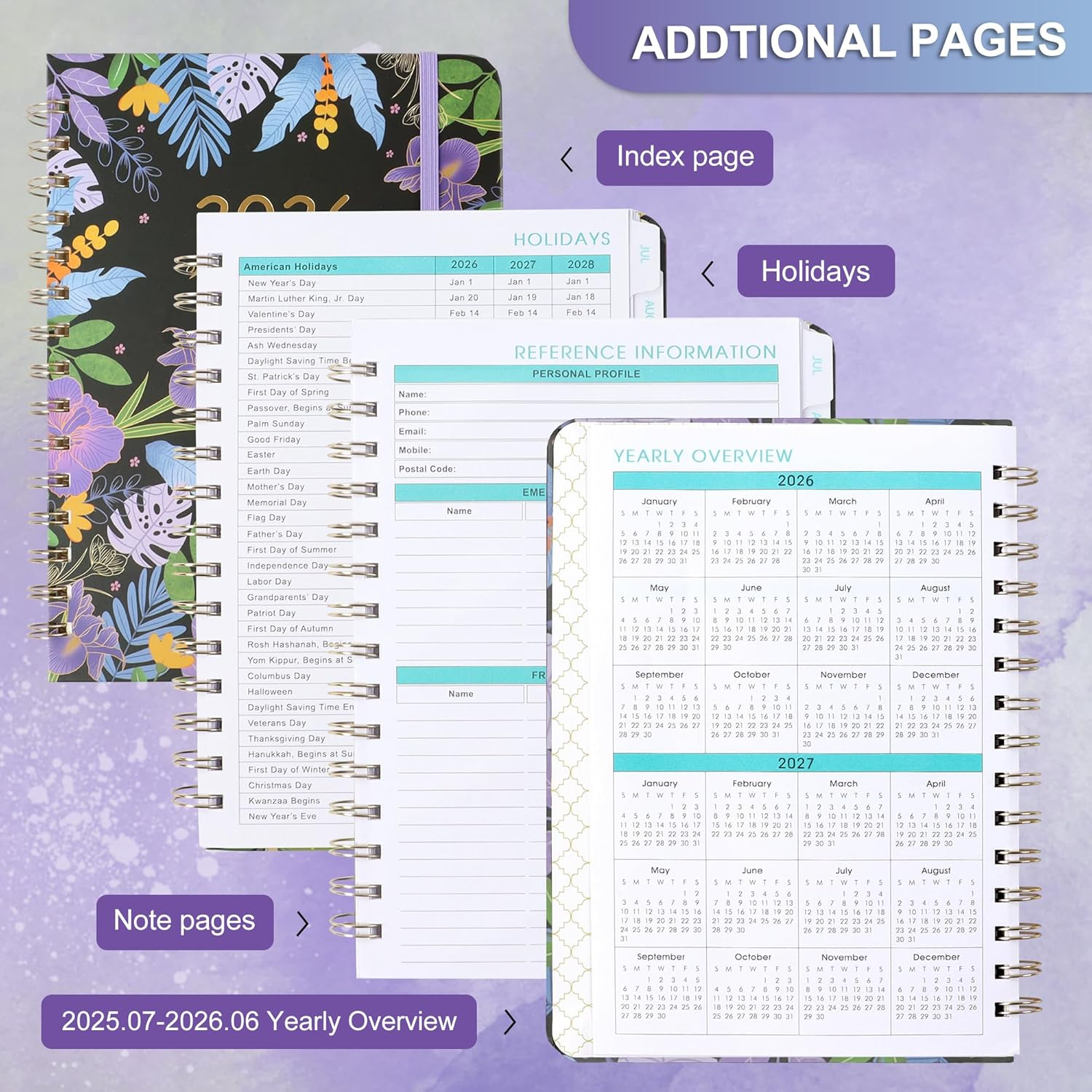 Junart 2026 Academic Diary A5 Week to View from January to December 2025 Weekly & Monthly Planner,Teacher Planner,Academic Year Diaries with Elastic Strap(Violet) - 2026 Epiphyllum image number 6
