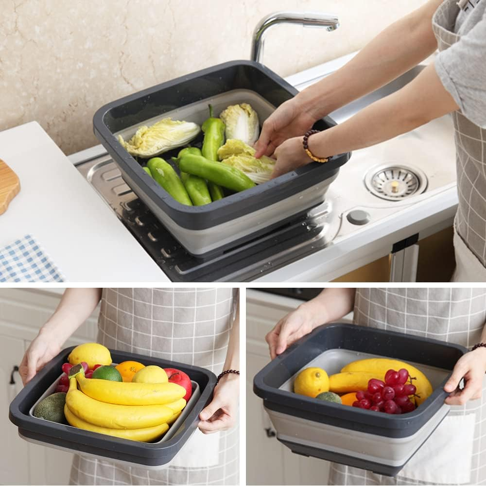 Collapsible Multipurpose Plastic Dish Basin, Space-Saving Outdoor Multiuse Foldable Ice Bucket for Camping,Hiking,Fashing (Black-Square) - Dishpan+Bucket image number 7