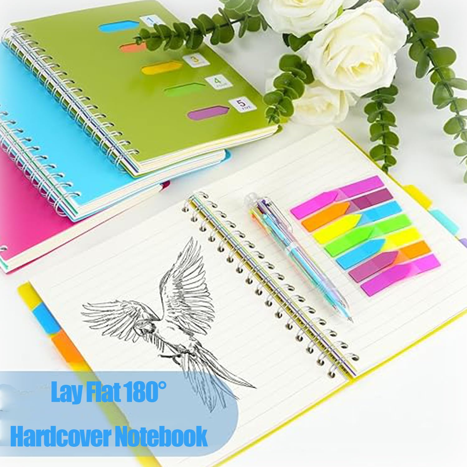 WEZCHUGHAOL 2Pcs A5 Wide Ruled Hardcover Tabbed Notebook Journal with Divider Tabs - 5 Subject Spiral Notebook, 480 Pages, Green, 5.5" &times; 8.3" (Blue Green)