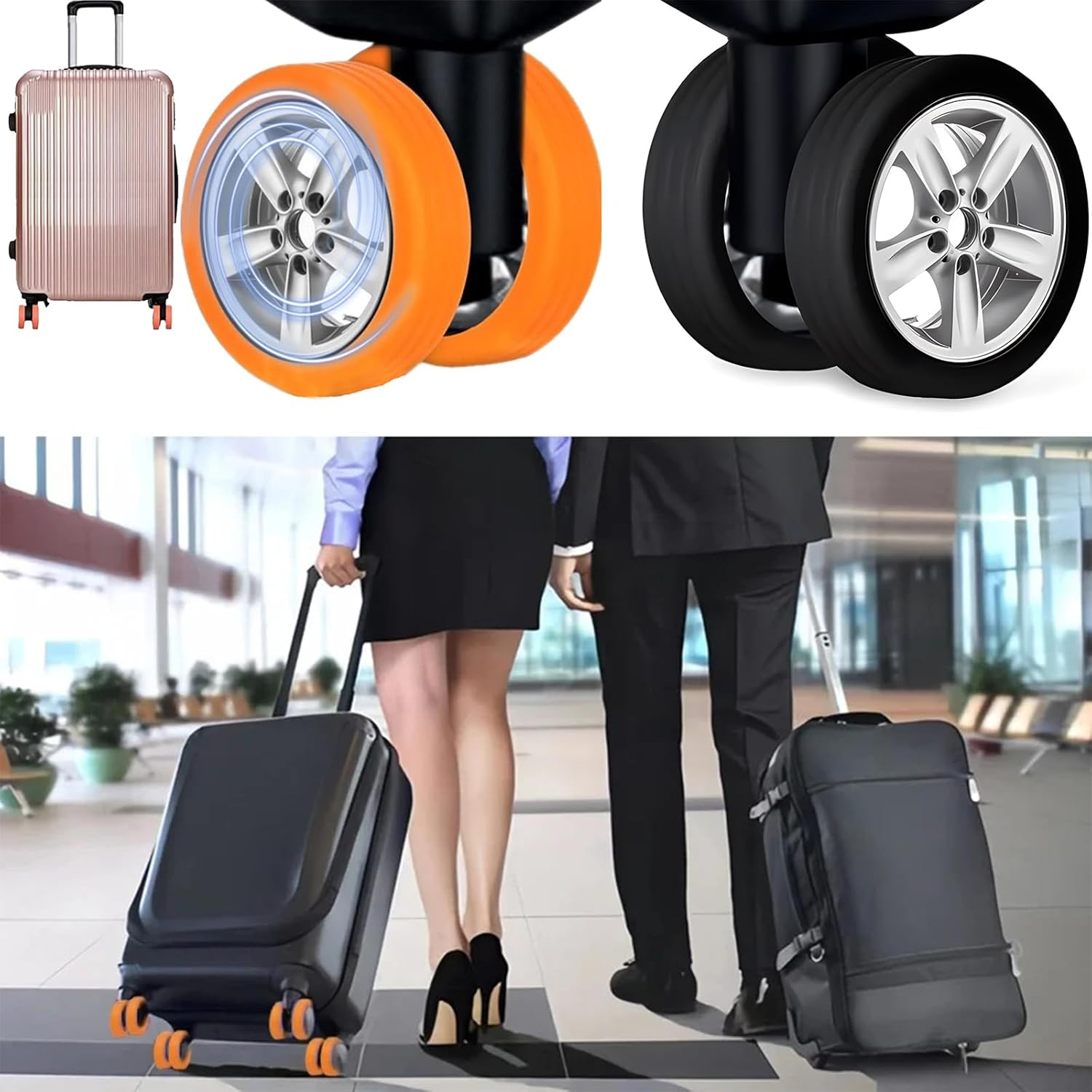 16Pcs Luggage Wheel Covers,Silicone Luggage Wheel Protector Covers for Most Spinner Suitcases or Office Chair Caster,Durable,Mute and Shock Absorption, Black+Orange image number 3