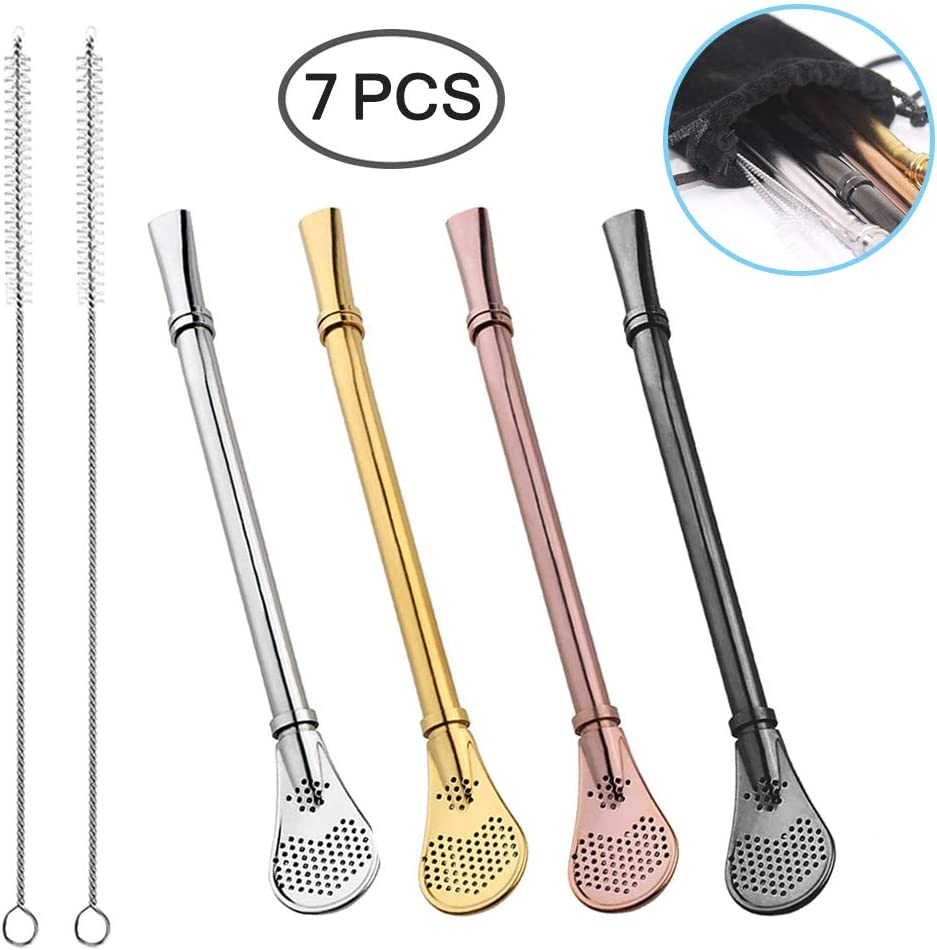 4 Pcs Premium Spoons Bombillas Yerba Mate Straw, SENHAI Drinking Stirring Spoon Head Filter Straws with 2 Cleaning Brushes- 6.1", 4 Colors image number 6