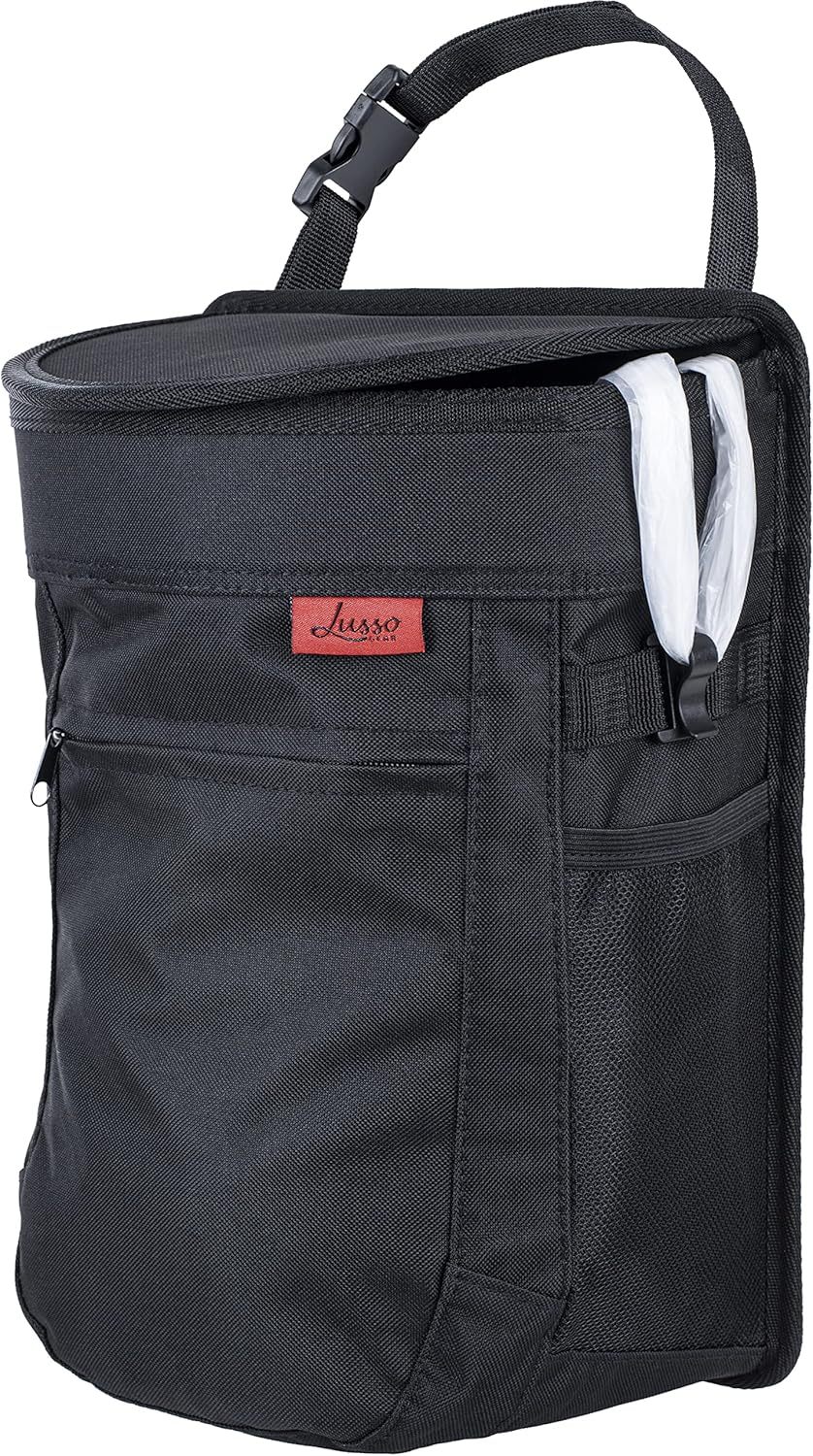 Lusso Gear Car Trash Can with Lid and Removeable Liner, Hanging Car Trash Bag with Hooks, Waterproof Fabric Car Garbage Bin, Automotive Travel, Trashcan Car Accessories, for Truck Van and SUV (Tan)