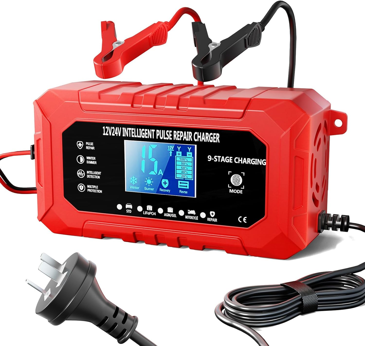 7JI 15-Amp Car Battery Charger Trickle Charger Car AU Plug, 12V/24V Smart Fully-Automatic Battery Maintainer for Car Truck Motorcycle Lawn Mower Boat Marine with Temperature Compensation LCD Display image number 5