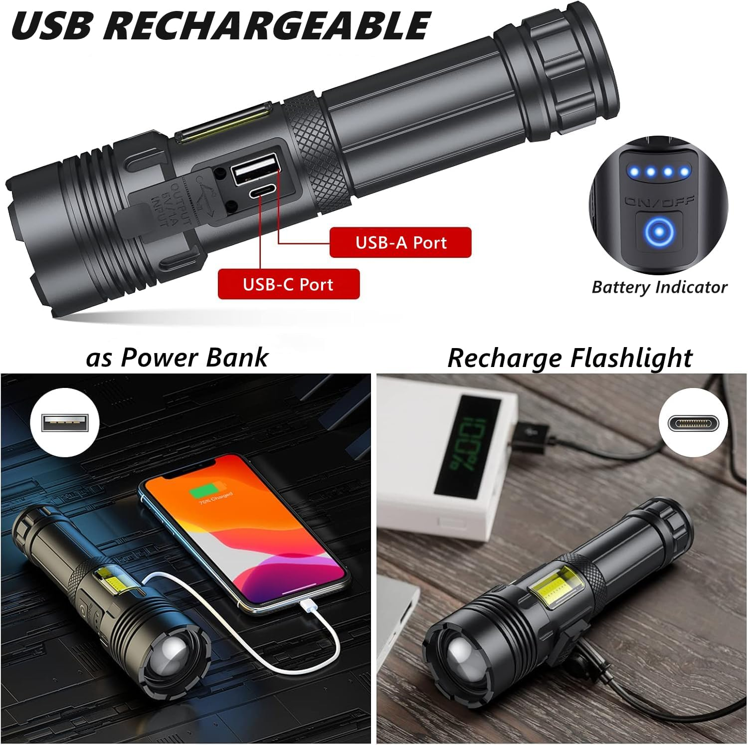 2 Pack LED Torch, Rechargeable Flashlight Super Bright with Cob Side Light, High Lumens Handled Torch, High Powered Torches, Powerful Tactical Flashlight for Camping Hiking Emergency image number 3