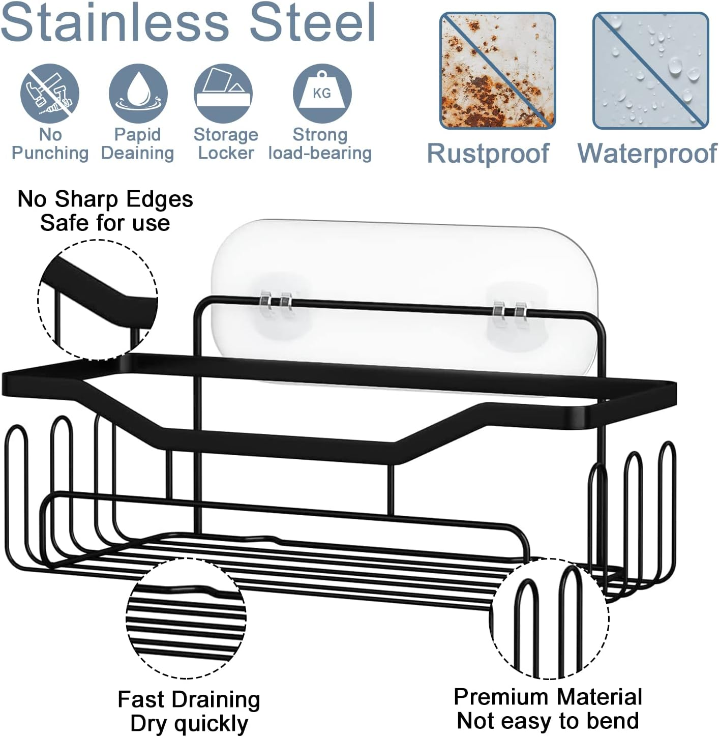 Boperzi Shower Caddy Black Bathroom Organiser - Stainless Steel Wall Shelf Storage Rack Rustproof Wall Mounted No Drilling Holder for Kitchen Storage & Organisation with Hooks, Adhesive Pad, 2 Pack image number 3