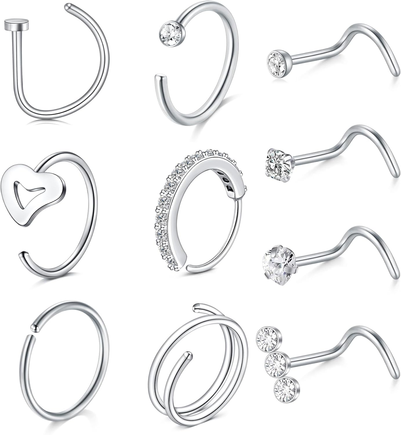 MODRSA 18G 20G 22G 8Pcs Surgical Steel Nose Rings Studs 2Mm Colorful round CZ L Shaped Nose Piercing Jewelry