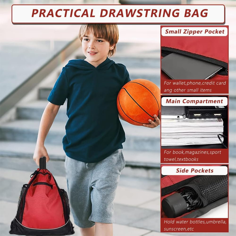 Drawstring Basketball Backpack with Detachable Mesh Ball Bag &ndash; Lightweight Foldable Sports Sackpack for Teens & Adults, Gym Bag for Basketball, Soccer, Volleyball & Yoga, Red image number 5