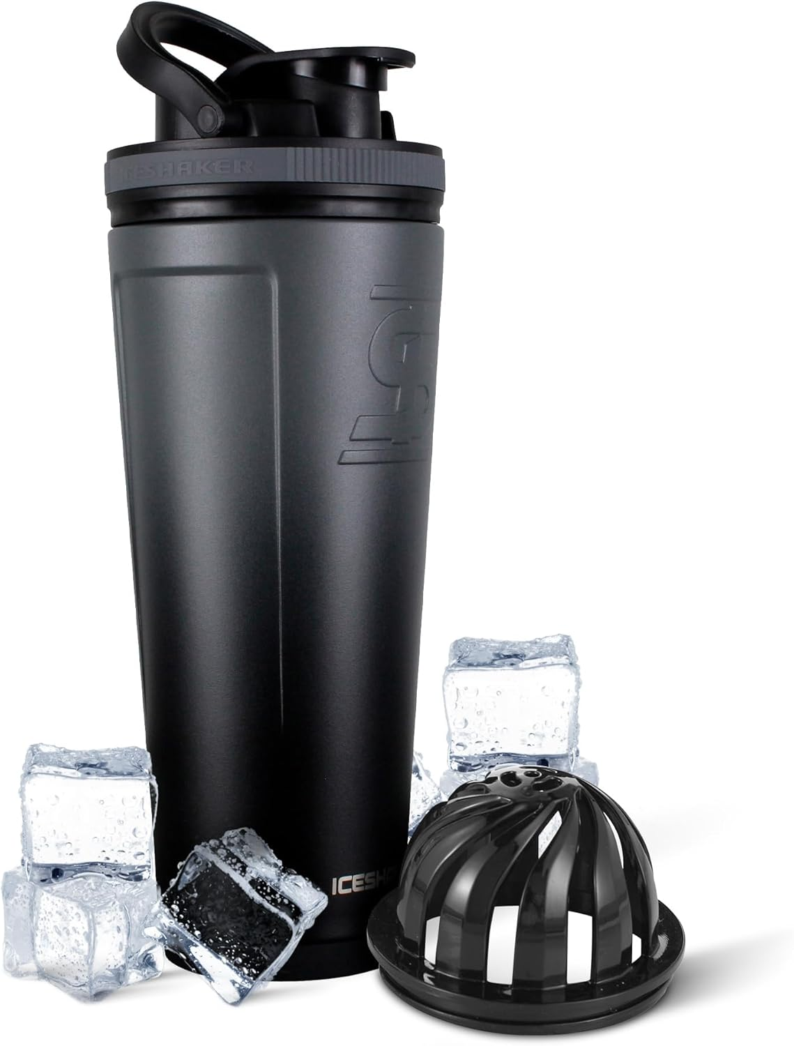 Ice Shaker Stainless Steel Insulated Water Bottle Protein Mixing Cup (As Seen on Shark Tank) 26 Oz (Black)