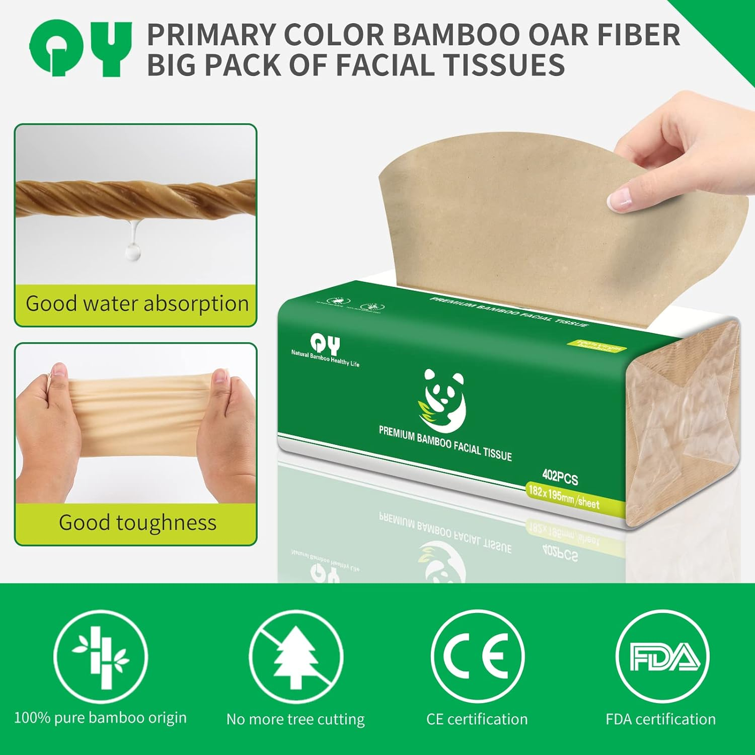 Bamboo 3 Ply Thick Facial Tissues, 12 Bulk Packs, 134 Tissues per Pack (1608 Tissues Total), Soft, Unbleached, Suitable for School,Home,Office and Travel