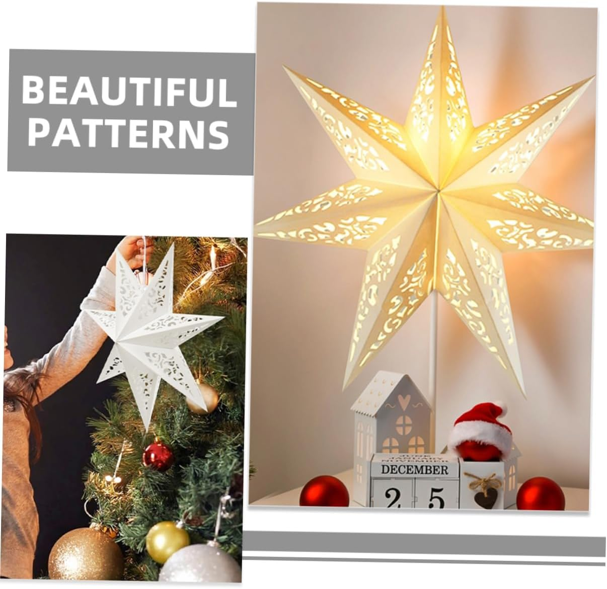 ULTECHNOVO 5Pcs White Paper Star Lanterns Hanging Decorations with String Elegant Pointed Star Lampshades for Christmas Wedding Birthday Party Holiday Indoor Outdoor Use image number 4