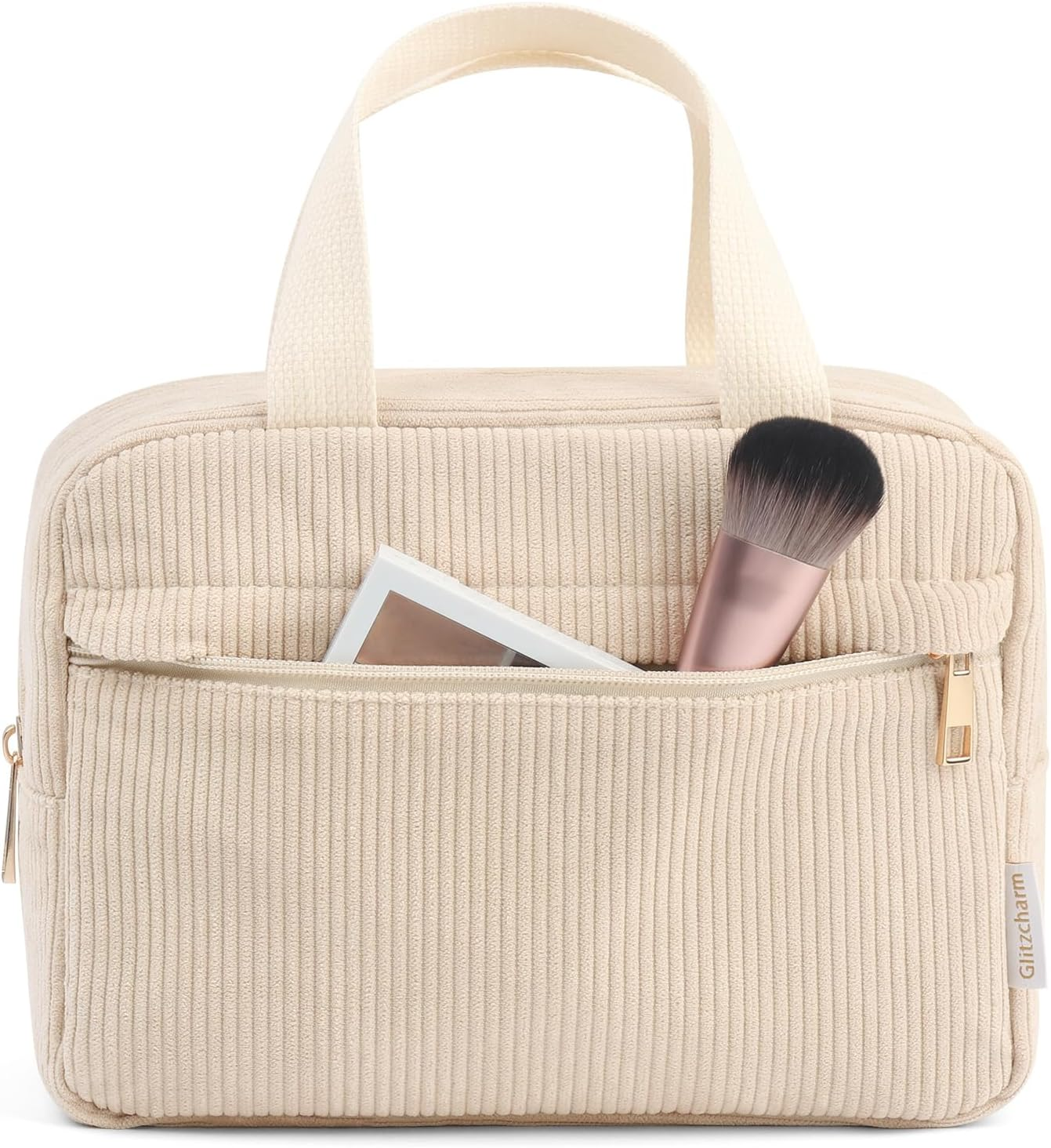 Large Capacity Travel Cosmetic Bag, Makeup Bag Corduroy Portable Large Cosmetics Bag with Handle Travel Cosmetic Bags for Women Girls(Beige) image number 2