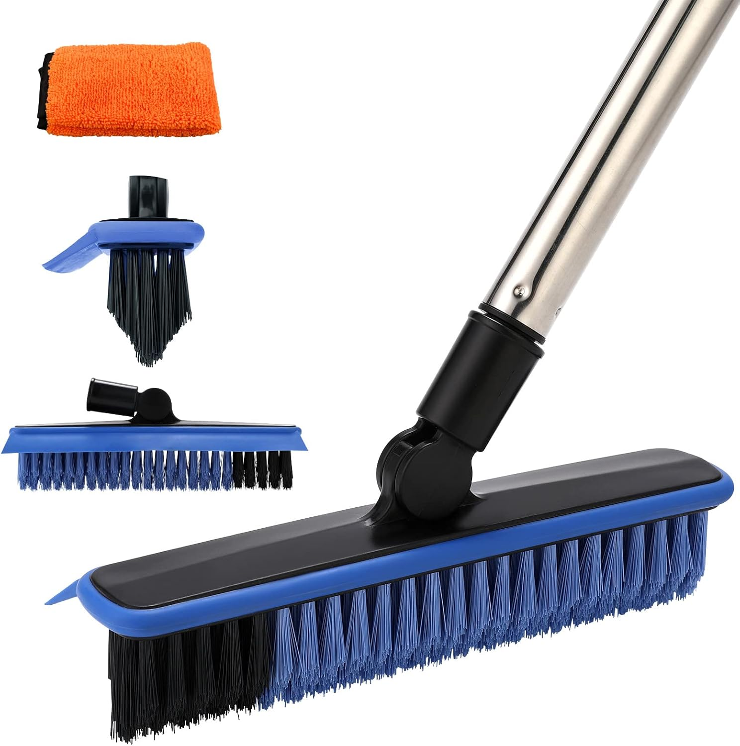Homilifibra 2 in 1 Floor Scrub Brush Grout with 57.8'' Long Handle,120&deg;Rotatable Shower Tile Scrubber,Kitchen Bathroom Crevice Squeegee,V-Shaped Corner for Hard to Reach Areas Black&Orange