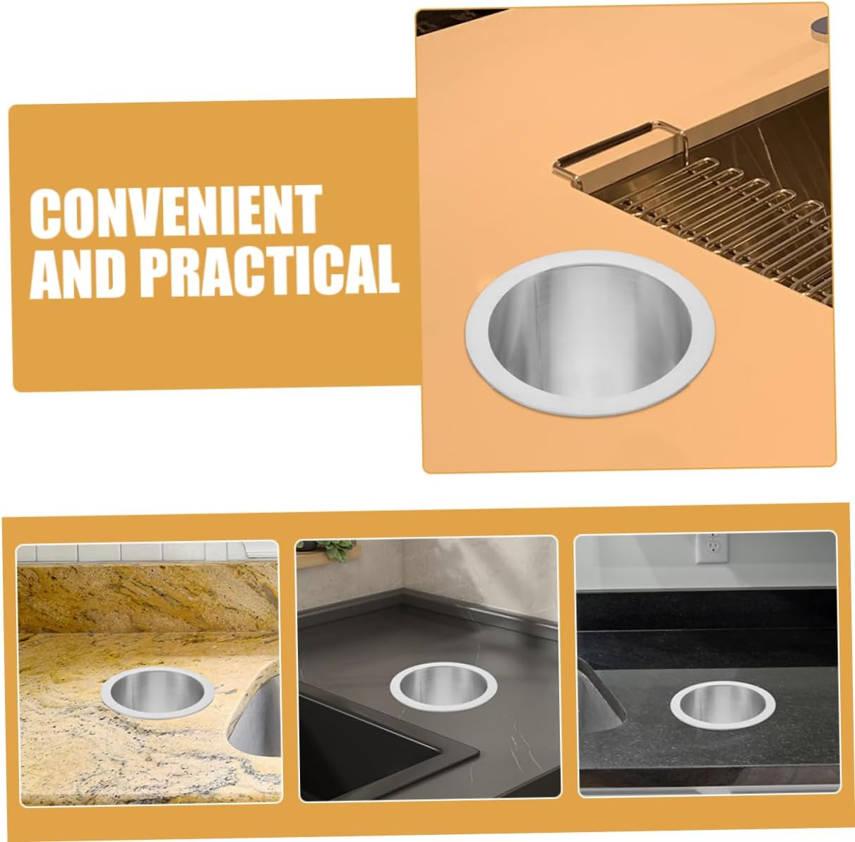 Luxshiny round Stainless Steel Drop-In Trash Chute Grommet 304 Metal Built-In Kitchen Counter Waste Bin Insert for Desktop image number 2