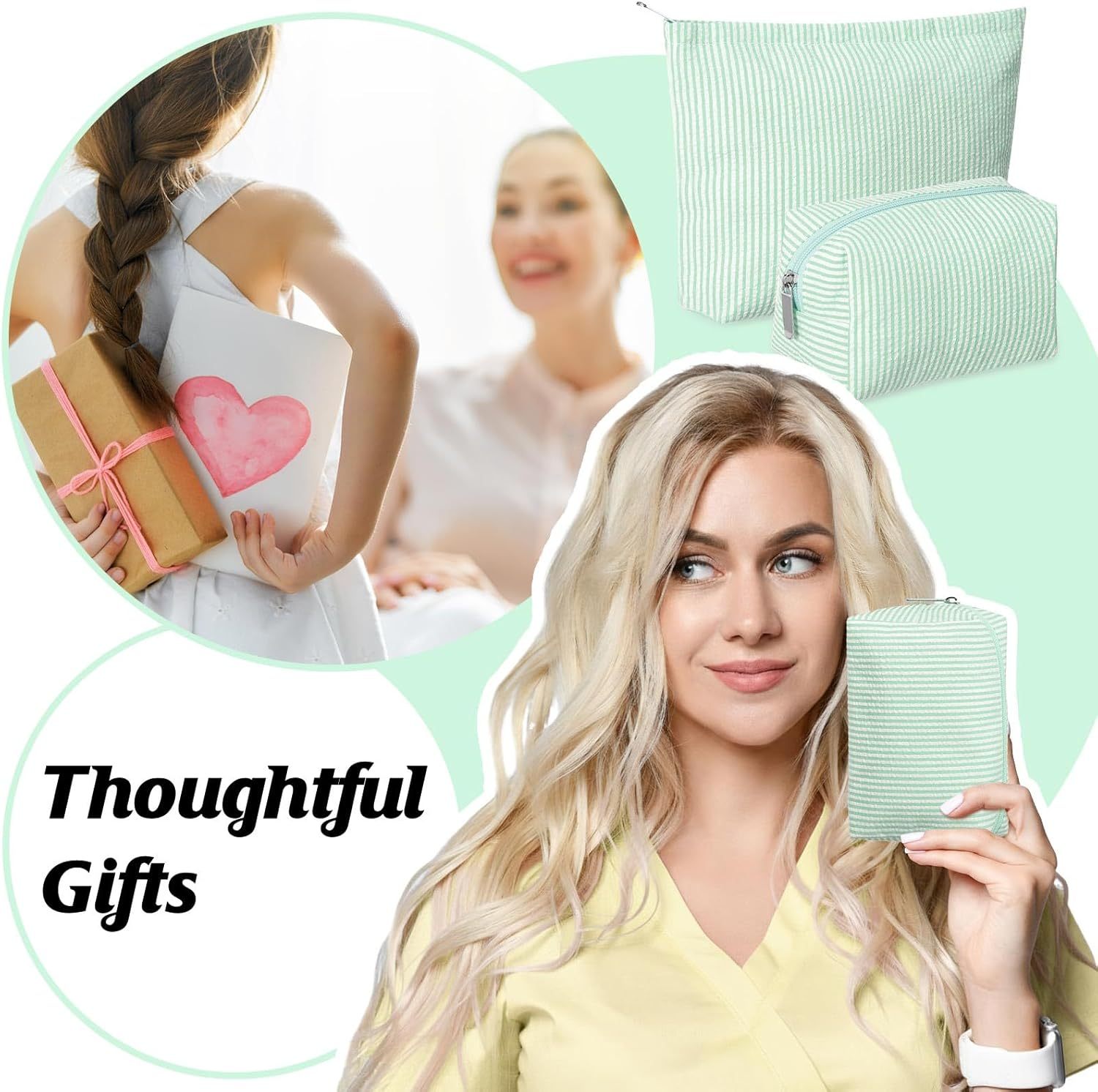 Huhumy 2 Pieces Makeup Bag Set Cute Cosmetic Pouch for Women Seersucker Travel Toiletry Bag Preppy Small Makeup Purse Pouch Aesthetic Skincare Brushes Storage Organizer for Christmas Women, Green - Black image number 4