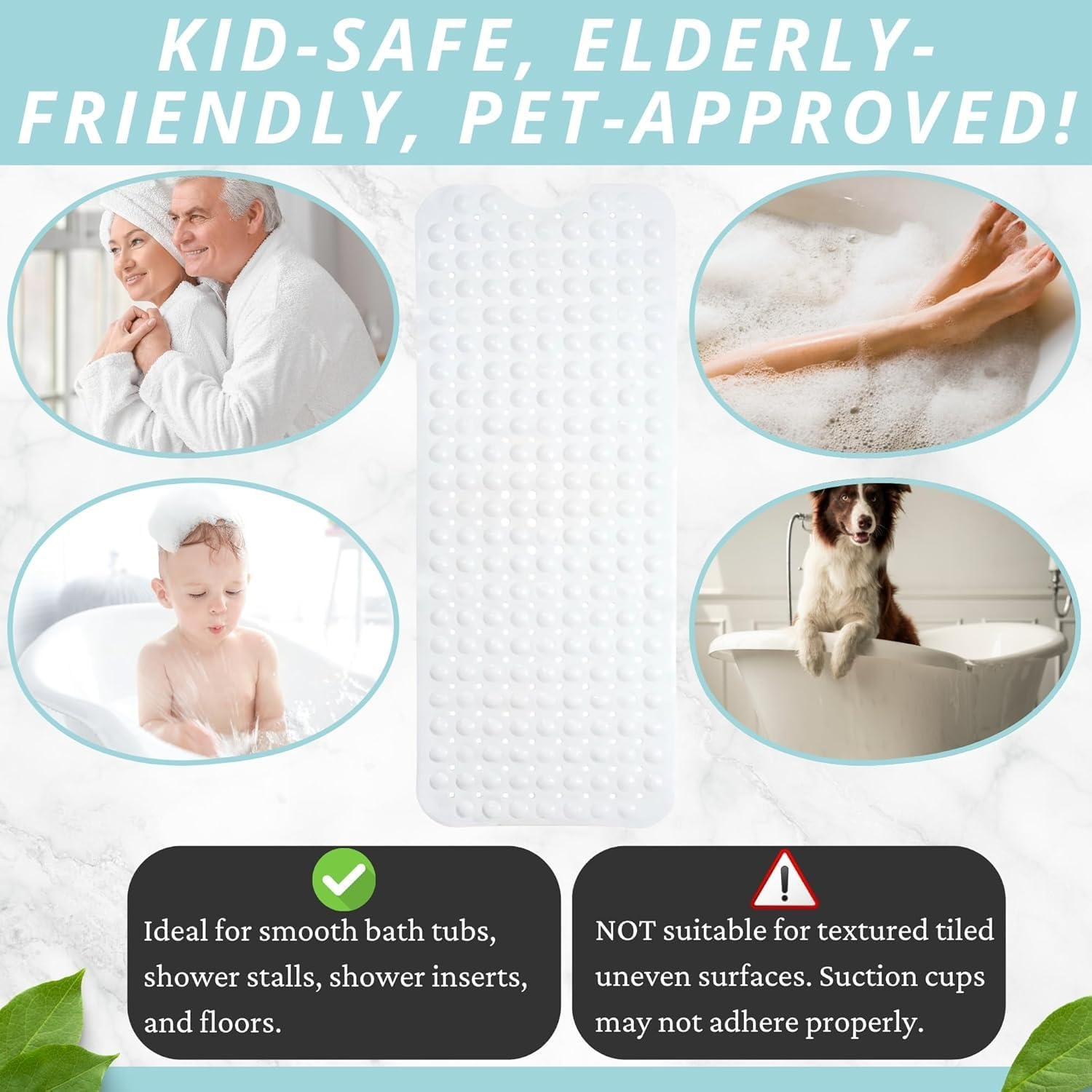 Extra Long Non-Slip Bath & Shower Mat (100Cm X 40Cm), Soft PVC Antibacterial Bathmat for Tub with Drain Holes, Quick-Dry, Secure Safety Mat for Elderly, Kids, Adults, Machine Washable (White) image number 3