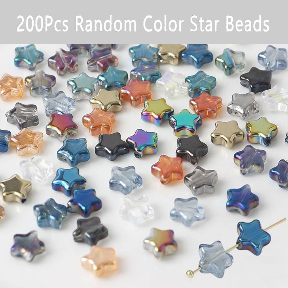 200Pcs Star Beads, Betterjonny 8Mm Glass Crystal Star Beads Colorful Star Space Beads Small Star Craft Pony Beads Charm for Jewelry Bracelet Necklace Making image number 1
