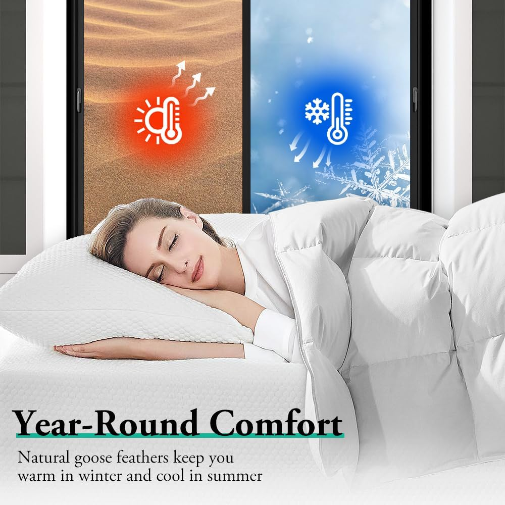 ZUNI Goose Feather down Comforter Queen Size, 500GSM All Seasons Goose Quilt, 100% Cotton Cover, Lightweight Soft Cotton Cover Home Bedroom Bed Travel Hotel Bed Comforter, Machine Washable, White image number 4