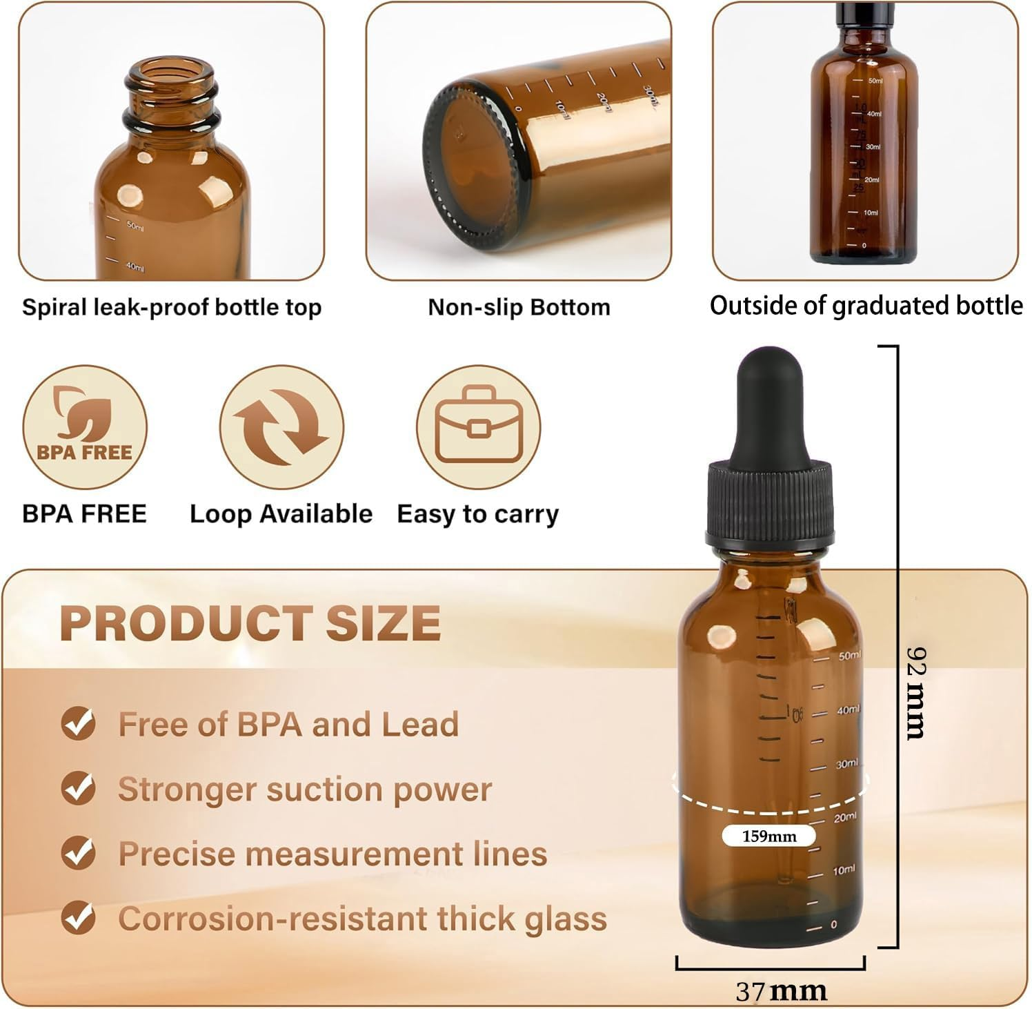 3 Pack 50Ml WANXINPT Amber Glass Dropper Bottles with Leak-Proof Caps & Precision Droppers - UV Blocking Essential Oil Bottles for Travel, DIY Perfume, FSSTUD Liquid Storage (50Ml Travel Bottles)