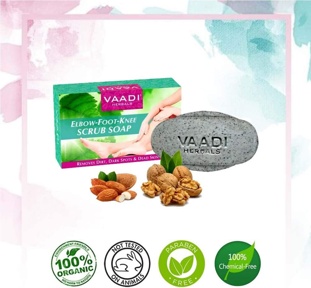 Vaadi Herbals Organic Elbow Foot Knee Scrub Soap (Bar Soap) with Almond and Walnut Scrub Clears Out Dead Skin Cells Making Them Softer, Cleaner Fairer. Also Removes Dark Spots, Blackheads on Hand, Pigmentation on Feet, Dry Patches - 3 X 75 Gm