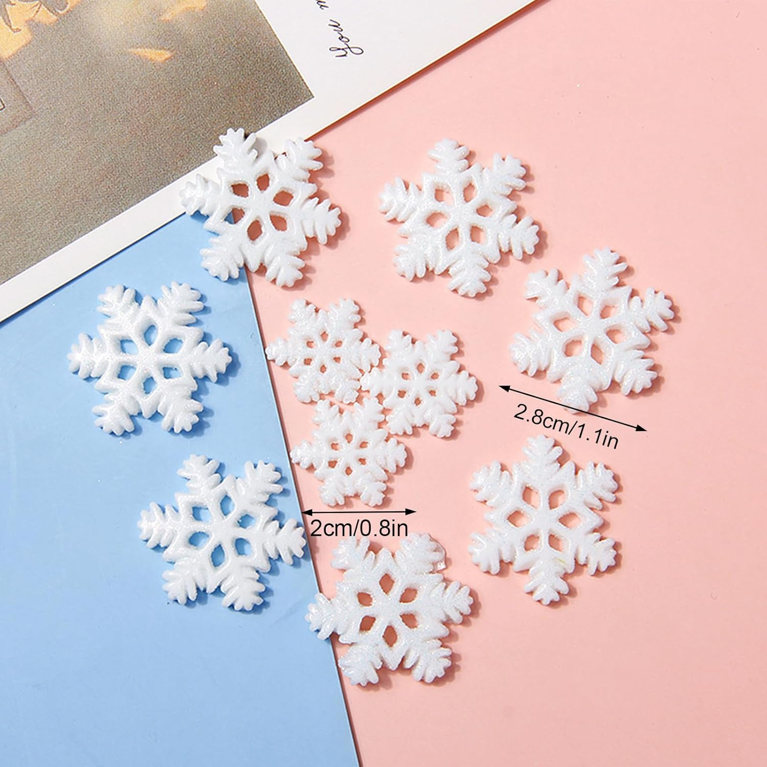 Small Snowflakes for Craft, 50 Pcs White Glitter Plastic Mini Snowflake for Scrapbook Embellishments, Christmas Embellishments, DIY Scrapbook Making, Craft Decoration image number 4