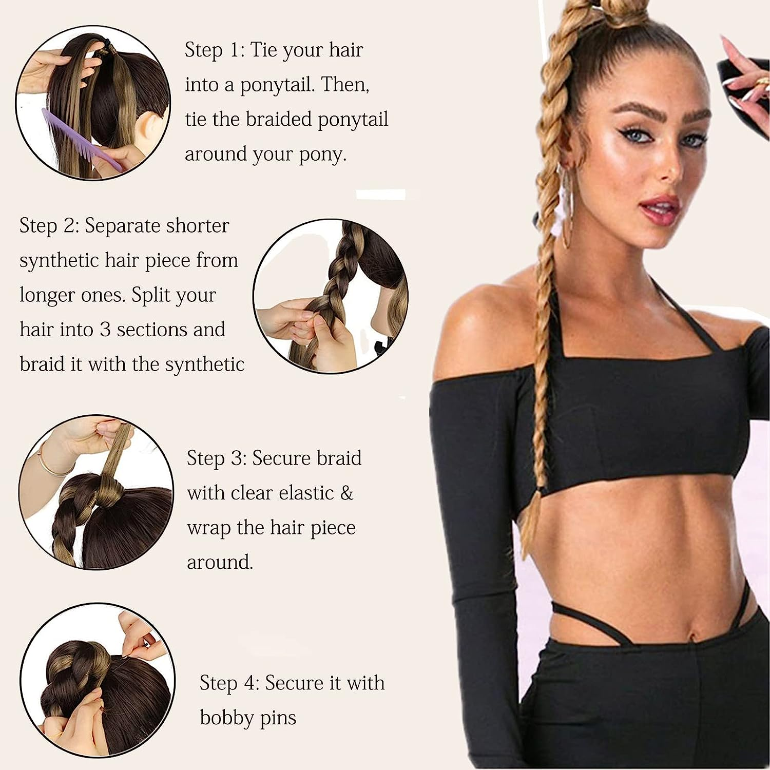 32 Inch Long Braided Ponytail Extension with Hair Tie Straight Wrap around Hair Extensions Ponytail Natural Soft Synthetic Hair Piece for Women Girls Daily Wear (80Cm, Black) image number 2