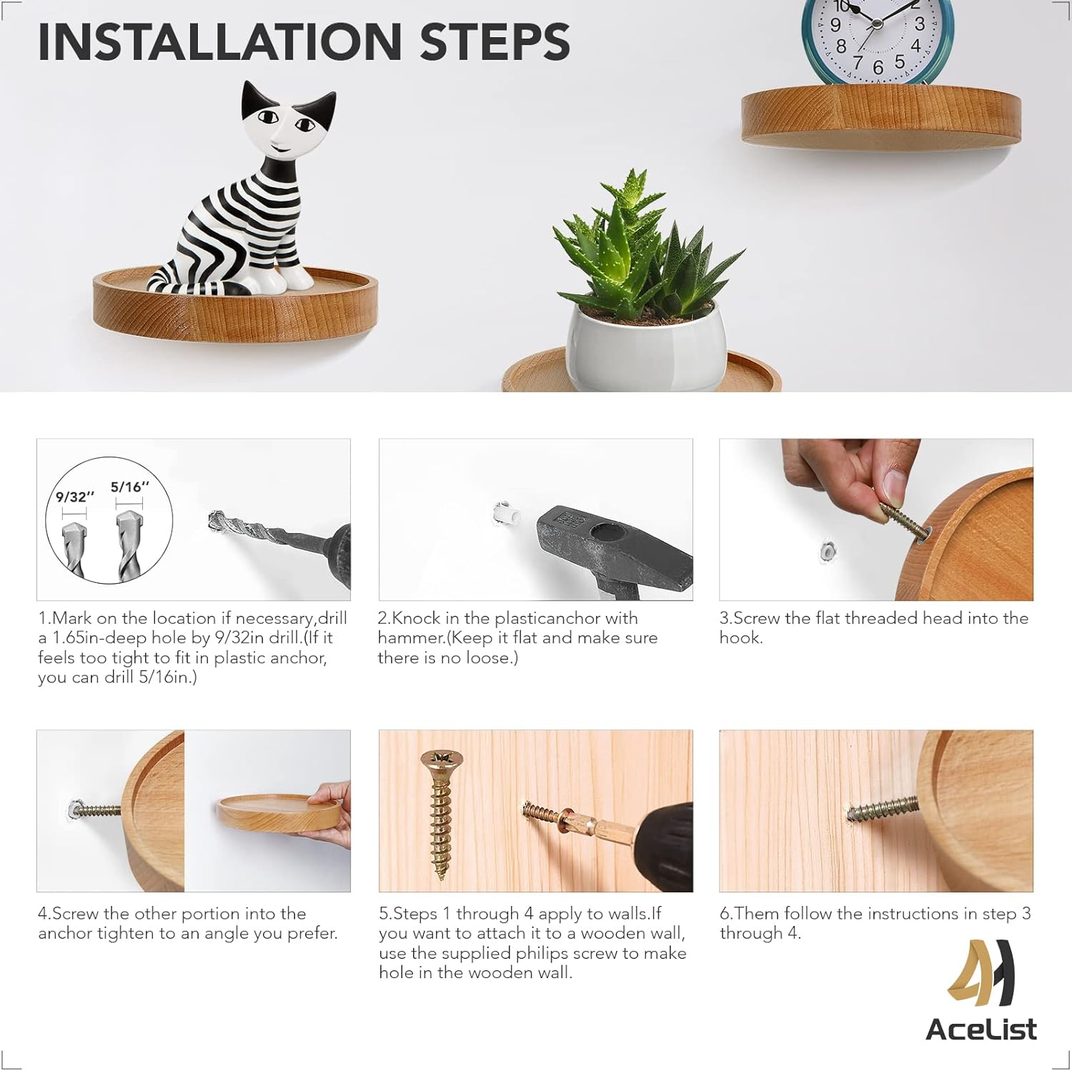 Acelist 3-Pack round Floating Shelves for Wall Decor, 6'' Diameter Beech Wood Floating Shelf, Cup Plant Wall Shelves for Bedroom, Bedroom, Living Room, Bathroom, Kitchen image number 2