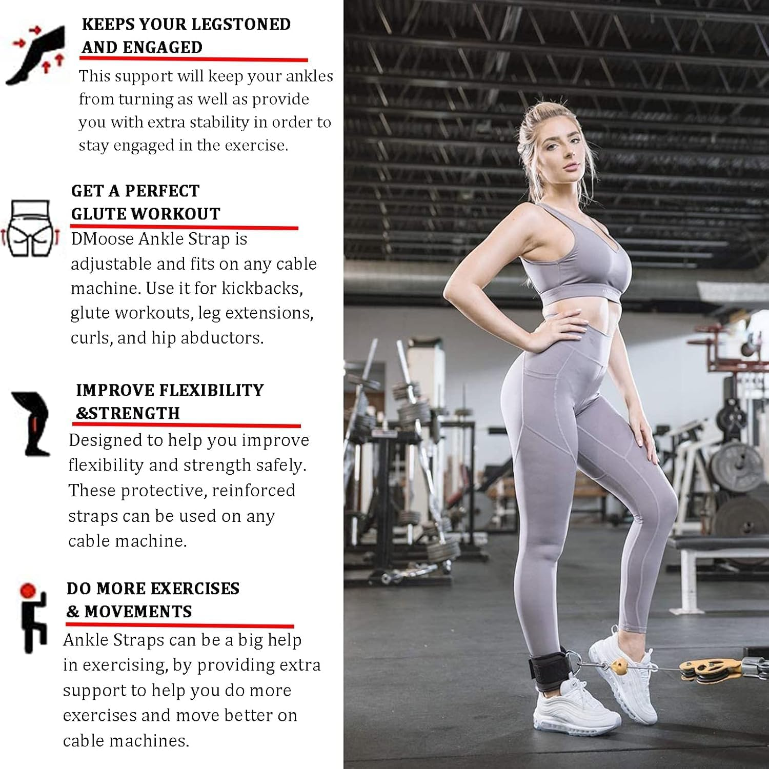 Fitness Ankle Straps for Cable Machines,Comfortable Adjustable Padded Ankle Wrist Cuffs, D-Ring Leg Straps with Neoprene Padding,Leg Cuffs Working Out Bands for Buttock Exercise,Leg Extension - Pink image number 4