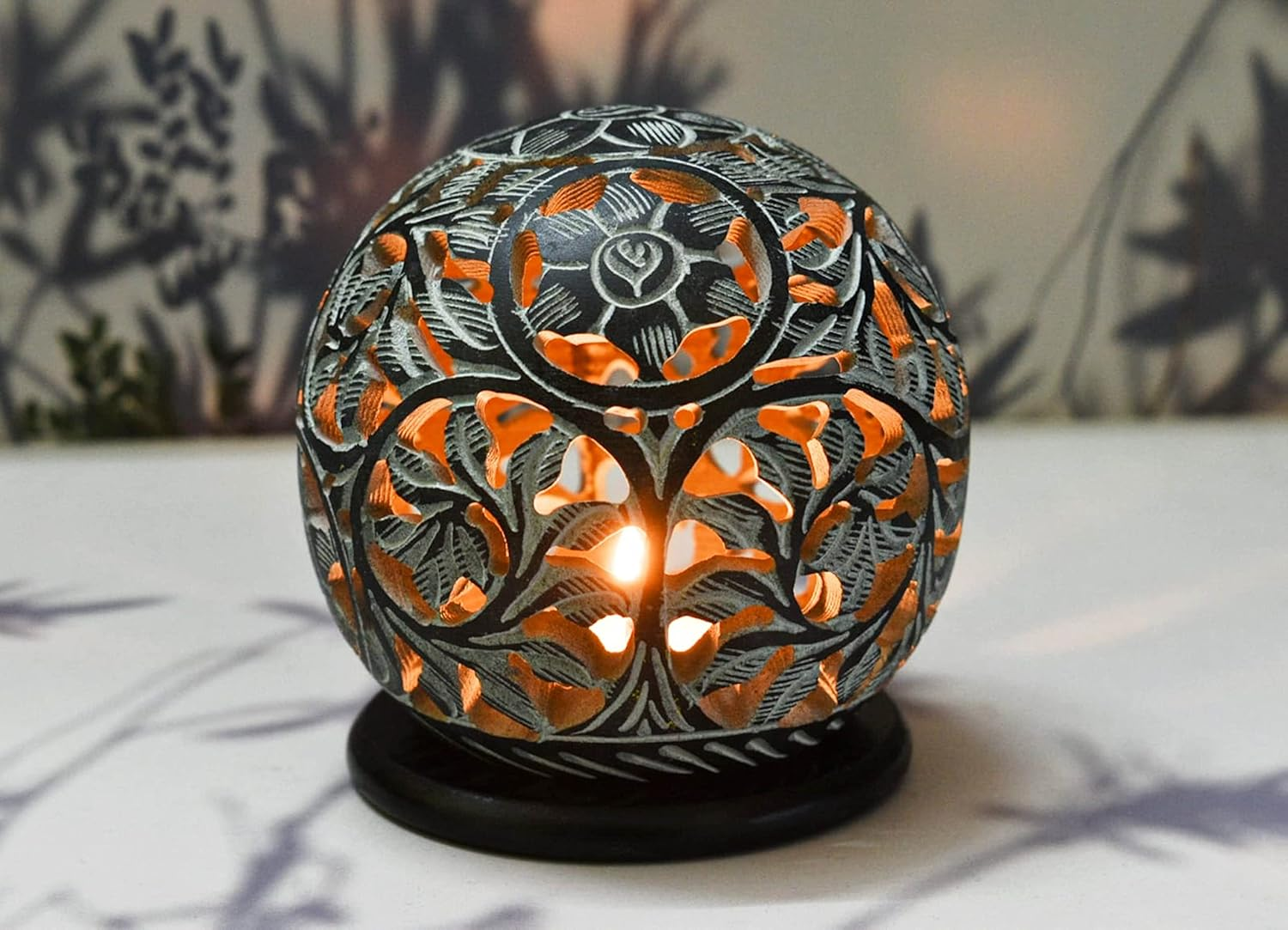 India House Hand-Carved Soapstone Tealight Holder or Incense Burner&ndash; Decorative Rosette Top Votive Candle Lantern for Home, Kitchen, and Office Table Decor &ndash; Ethnic Handmade Accent Token of Love