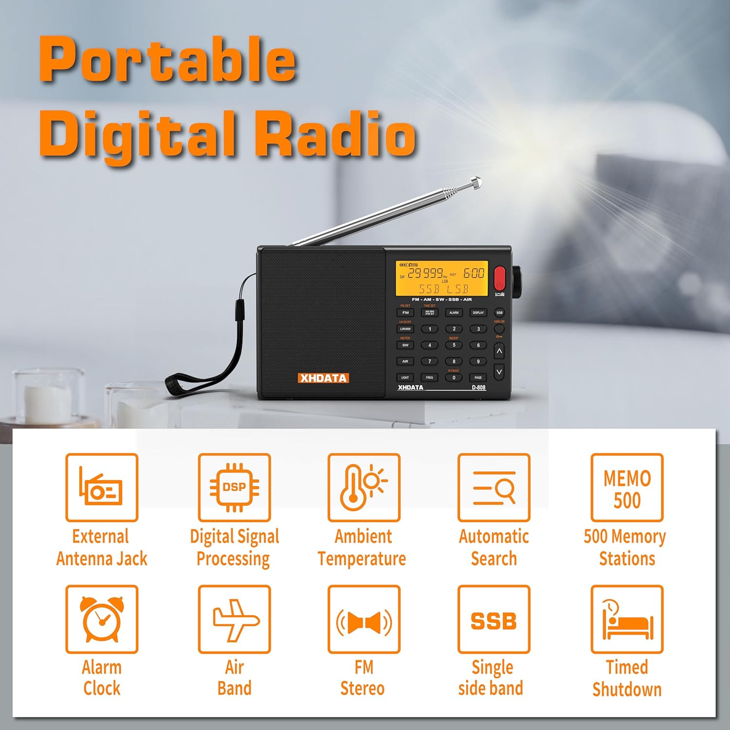 XHDATA D-808 Portable Digital Radio FM SW MW LW SSB RDS DSP Air Band Radio Alarm Clock Receiver with ATS Mode LCD Display and Stereo Sound for Parents Black image number 5