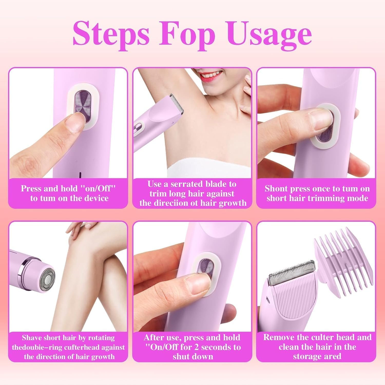 Electric Razors for Women, 2 in 1 Wet and Dry Body Electric Shaver, Silk Glide Epilator Painless Hair Removal at Home, Double Head Dual Purpose Hair Trimmer for Bikini Trimmer Legs Underarm, Ipx7 Waterproof Electric Shaver (Purple) - Pink image number 5