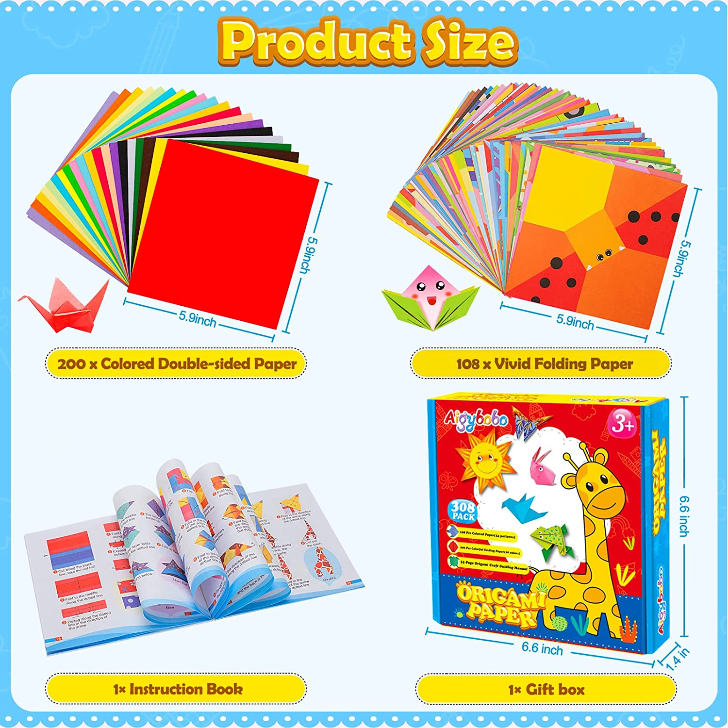 Aigybobo Origami Paper Set, 308PCS Kids Craft Paper Kit for Girls, Art Projects Supplies for School Class Craft Lessons