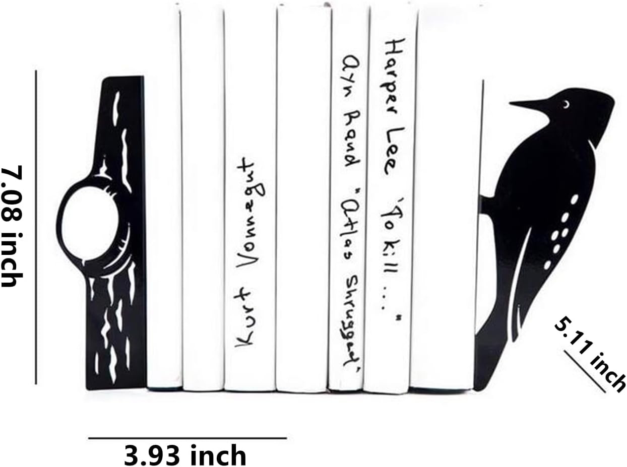 1 Pair Woodpecker Bookends for Shelves Stopper Heavy Cute Metal Book Ends for Bookshelf Desk Rustproof Bookends Black Decorative Home Office Decor Creative Bookcase Holder image number 1